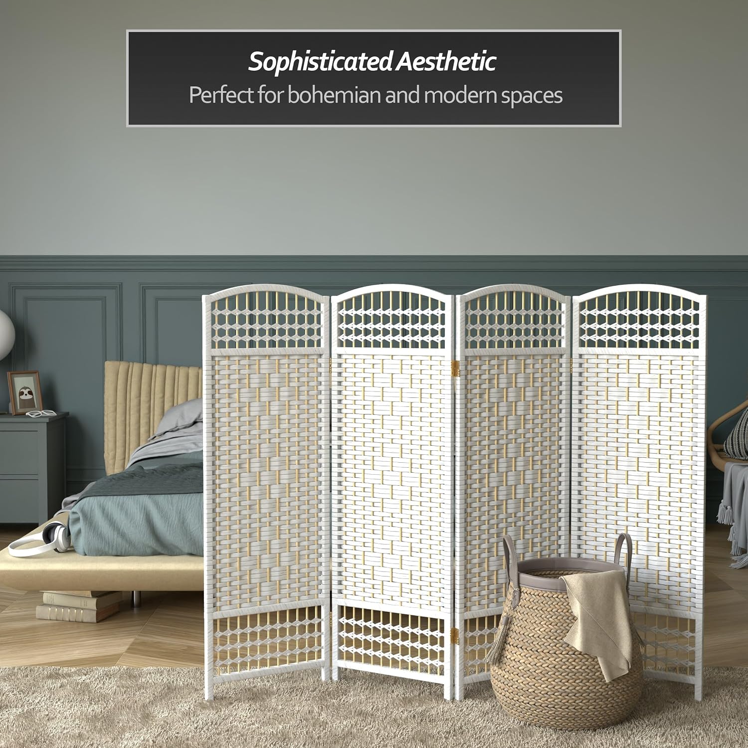4 ft. Short Fiber Weave Folding Screen - White - 4 Panels