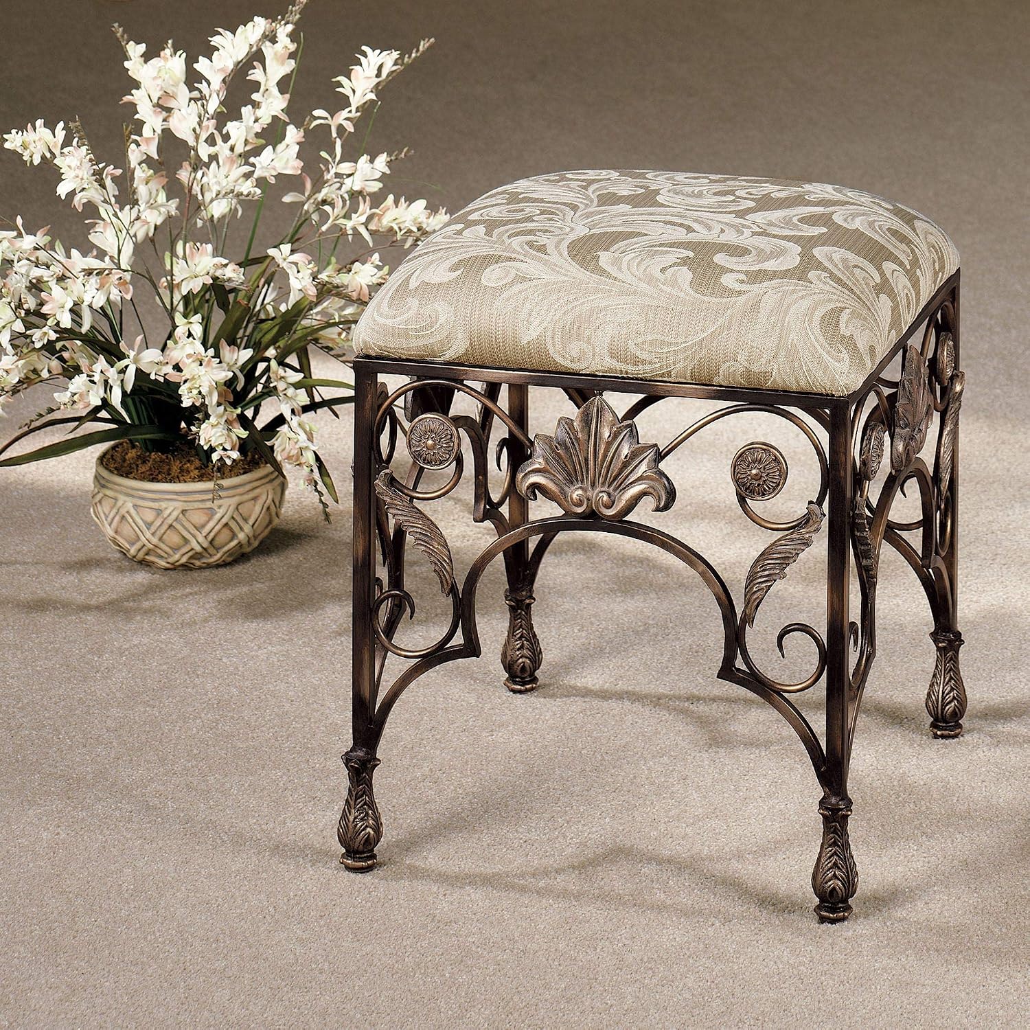 Touch of Class Elegant Raina Upholstered Square Vanity Stool for Bedroom, Bathroom, Hallway