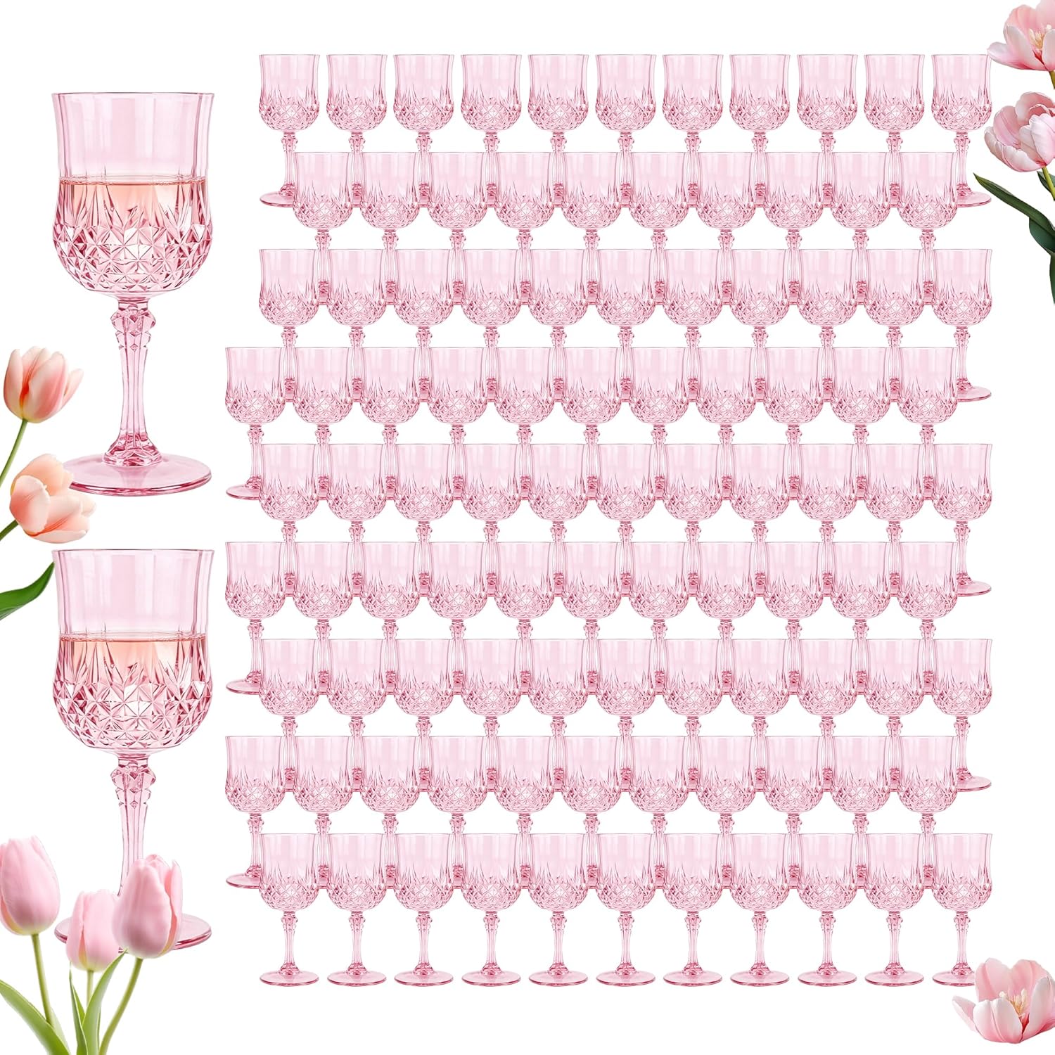 Plastic Wine Glasses, Plastic Goblets Vintage Style Cordial Unbreakable Drinking Glasses, Reusable Drinkware for Wedding Reception, Grand Event Party Supplies (100, Pink)