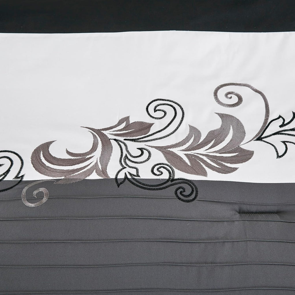 Chezmoi Collection Napa 7-Piece Luxury Leaves Scroll Embroidery Bedding Comforter Set (Oversized King, Black/Gray/White)