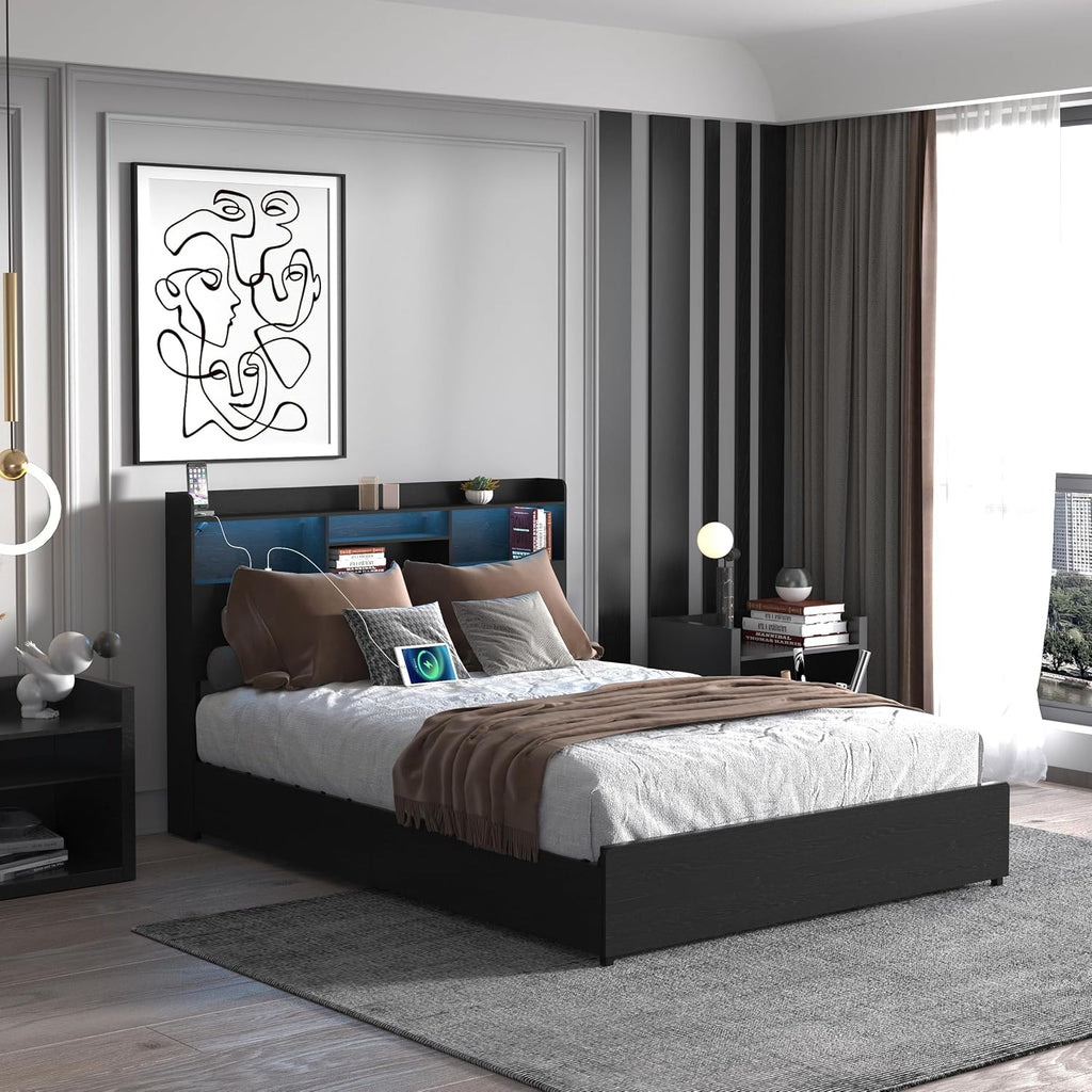 Ball & Cast Queen Bed Frame with 4 Storage Drawers,Metal Platform Beds Frame W/Storage Headboard,Led and Charging Station,No Box Spring Needed,Noise-Free,Bedroom Furniture for Apartment,Black