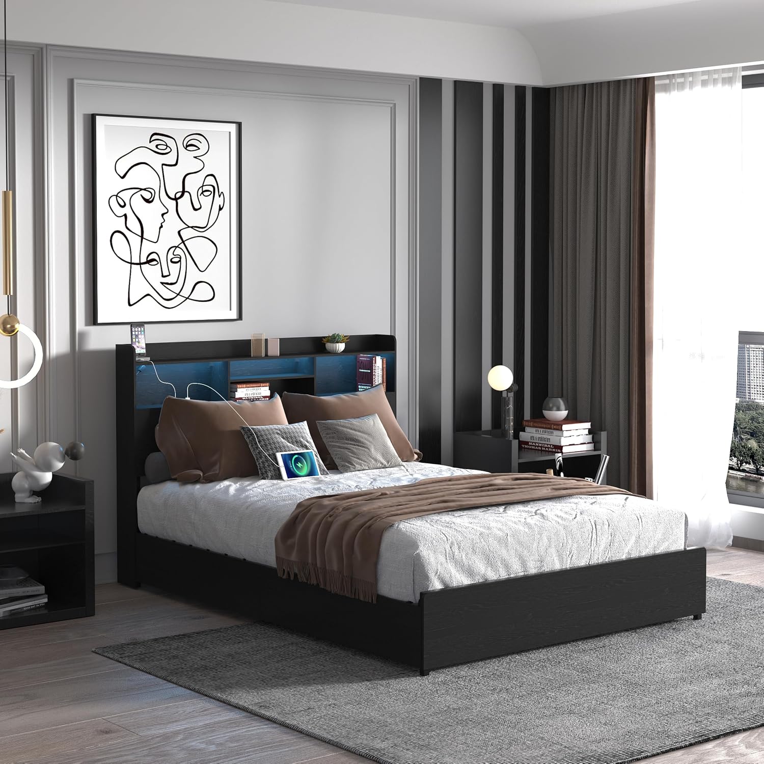 Ball & Cast Queen Bed Frame with 4 Storage Drawers,Metal Platform Beds Frame W/Storage Headboard,Led and Charging Station,No Box Spring Needed,Noise-Free,Bedroom Furniture for Apartment,Black