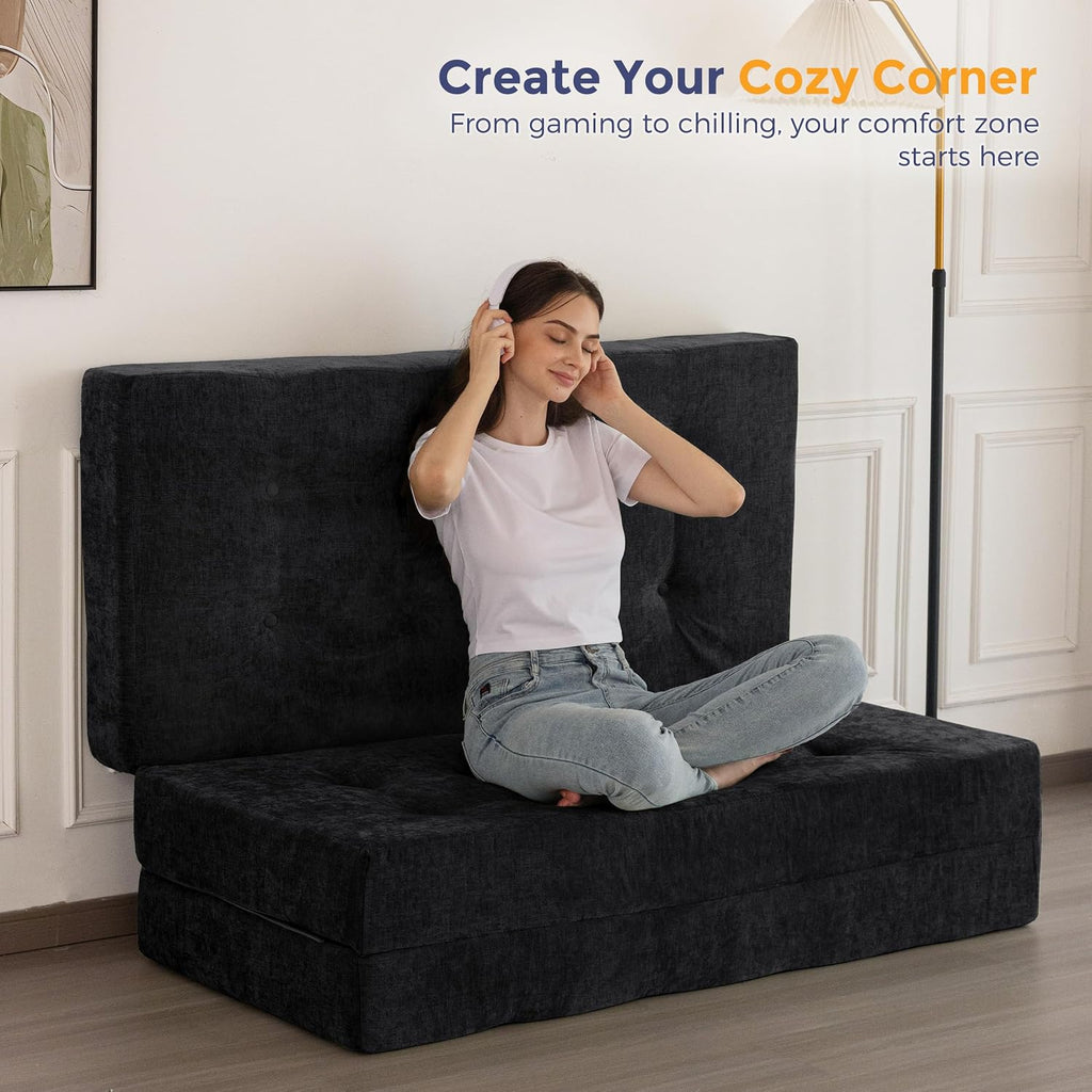 MAXYOYO 6' Folding Sofa Bed for Floor, Tufted Tri-Fold Floor Mattress with Chenille Fabric, Full Size Portable Sofa Couch Guest Mat for Adults, Foldable Topper for Camping, Black, 53'x75'