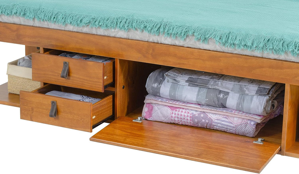 memomad Bali Bed - King Storage Platform Sturdy Wooden Frame with Drawers & More - Solid Pine - Noise Free - No Box Spring Needed - Slats Included (King Size, Oak Brown Wood)