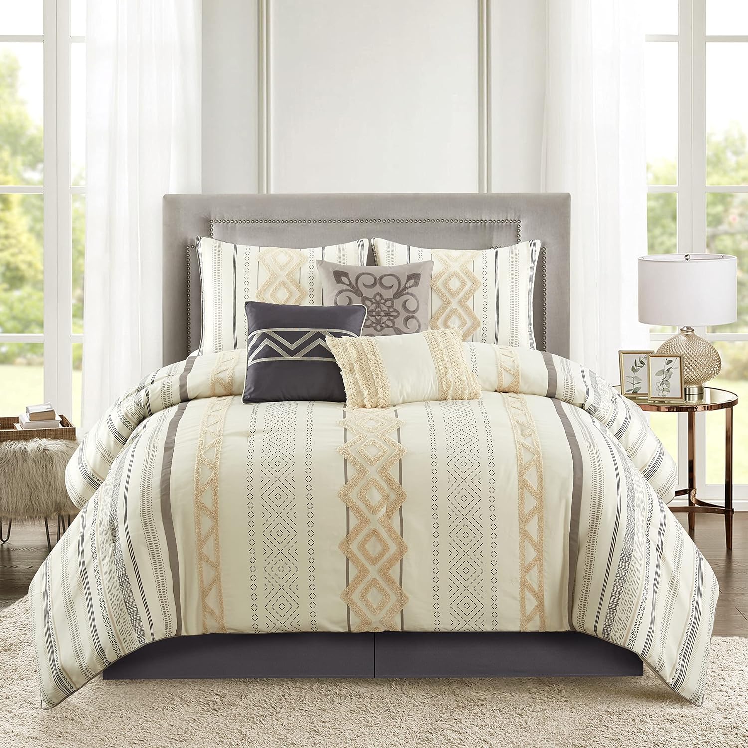 Stratford Park Beige/Ivory Boho Geometric King Size Comforter Set, 7 Piece, Print & Terry Embroidery Ultra Soft, Premium Microfiber, Home Decor