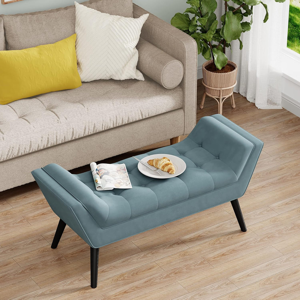 Andeworld Velvet Bed Bench,Upholstered Entryway Ottoman Bench Seat for Bedroom End of Bed,Footstools for Bed Room,Lake Blue