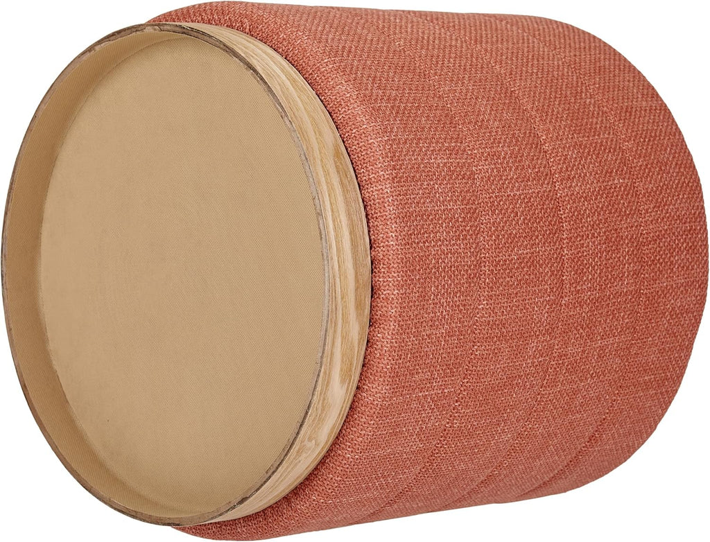 Round Ottoman with Storage – Elegant Durable Linen Upholstered Footrest Bench for Living Room, Cylinder Vanity Stool – Coral Orange