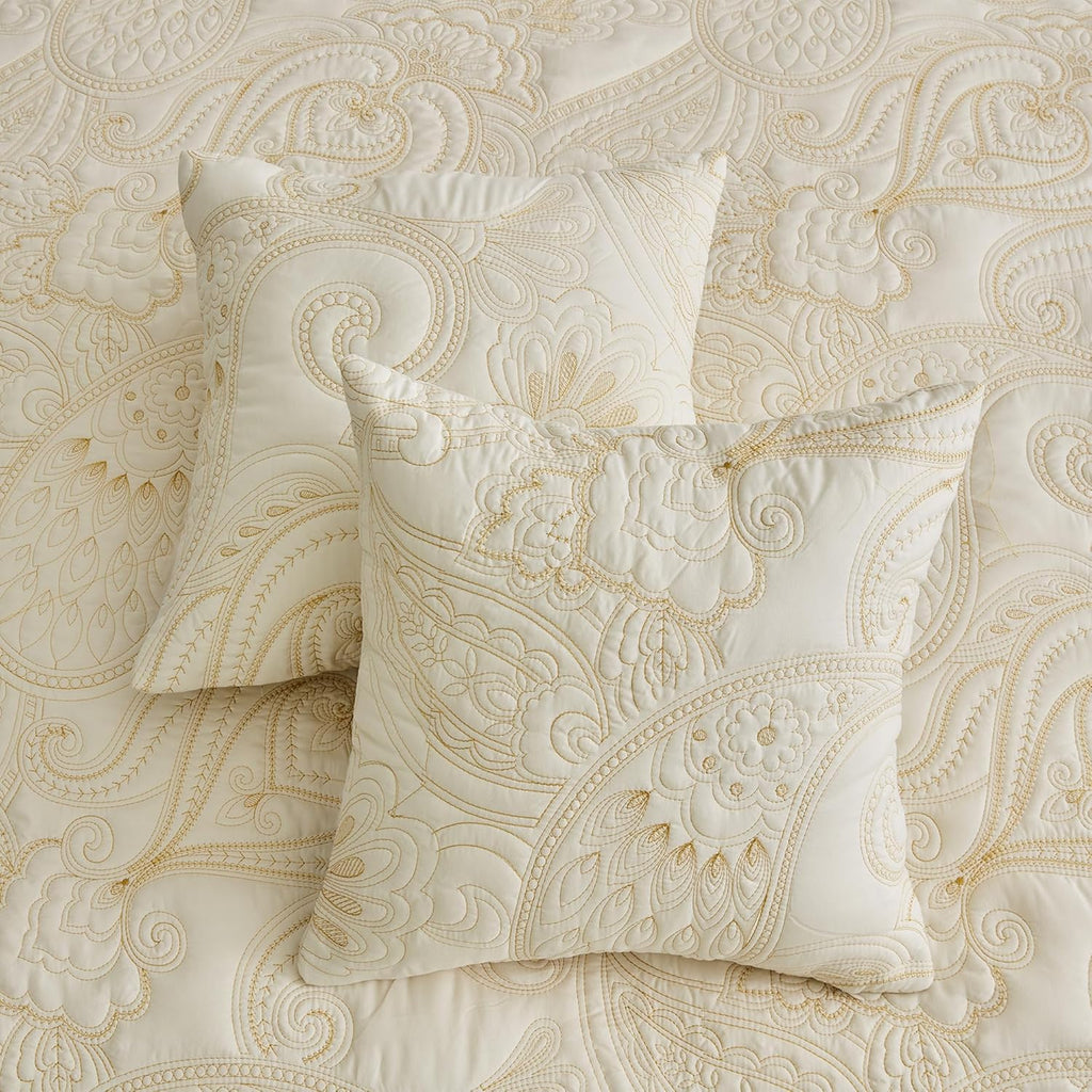 Oversized King Bedspread, Paisley Pattern Design, Lightweight Bedding Cover, Reversible, 5 Piece, 100% Microfiber, Ivory Yellow