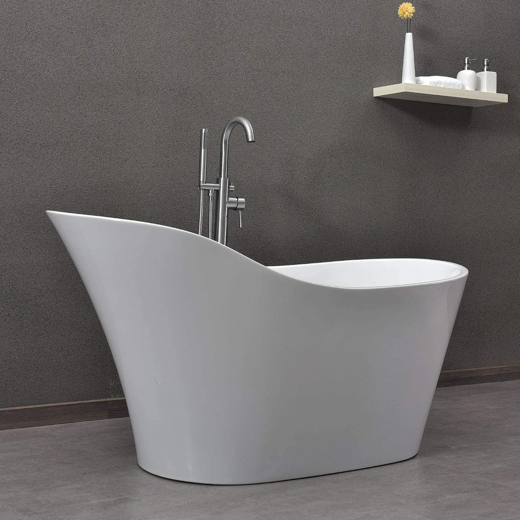 WOODBRIDGE 59' Acrylic Freestanding Bathtub Contemporary Soaking White Tub with Chrome Overflow and Drain，B0029-C-Drain&O