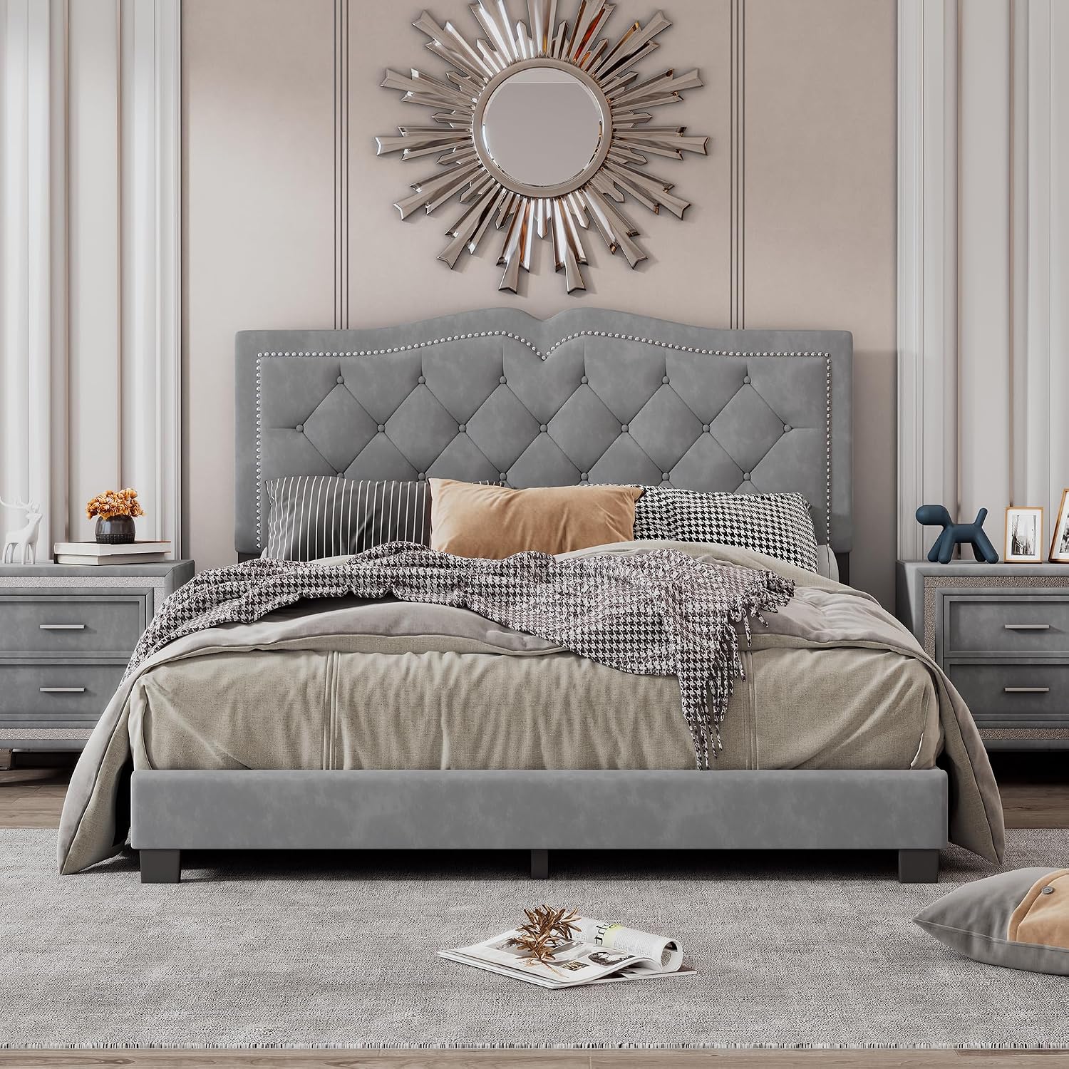 VilroCaz Elegant Velvet Design 3-Pieces Bedroom Sets, Modern Full Size Platform Bed with 2 Nightstands, Bedside Table, Rivet Design Tufted Headboard (Grey-CB, Full)