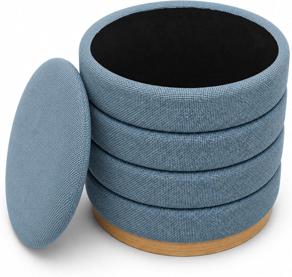 Ottoman Collection Stylish Linen Cylinder Storage Light Blue Round Footrest Vanity Stool Furniture Living Room Small Bench 16' L X16 W X 17' H