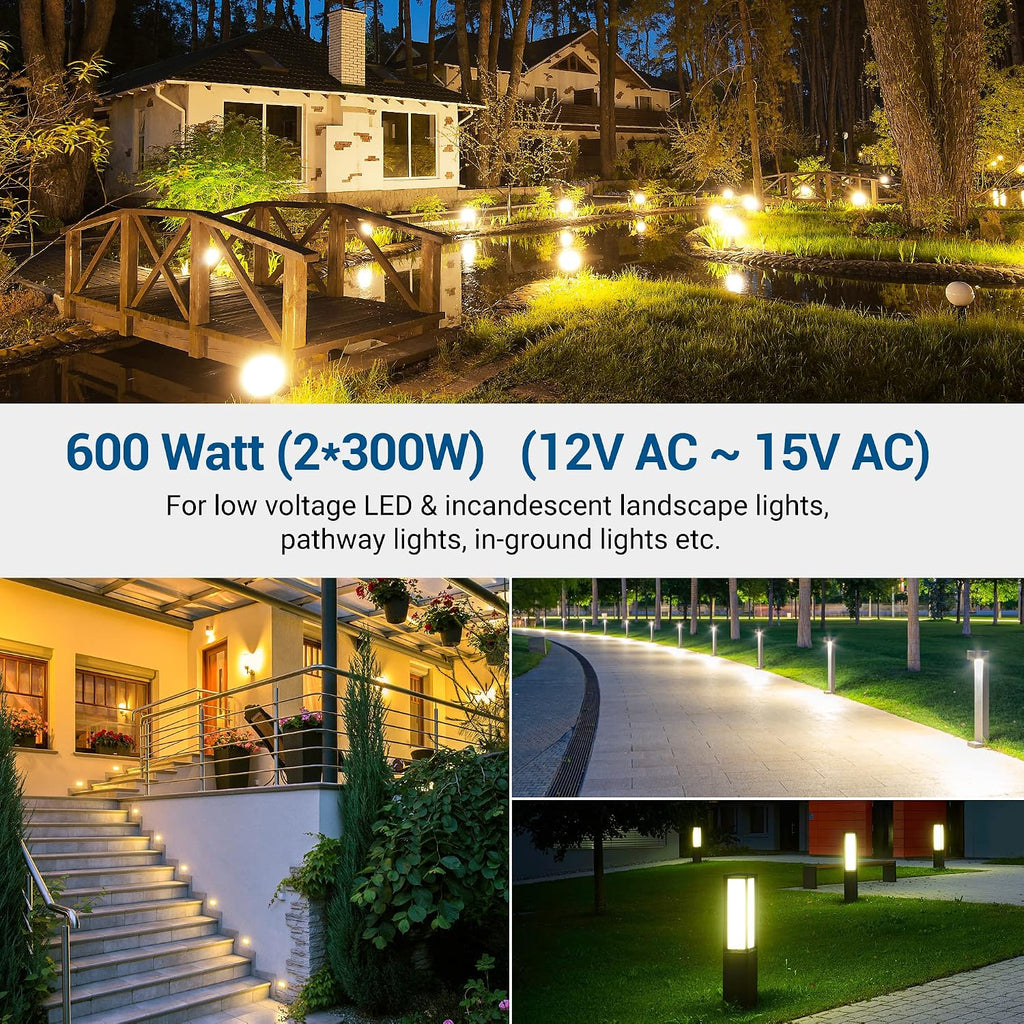DEWENWILS 600W Low Voltage Landscape Transformer, Outdoor Weatherproof Transformer with Timer and Photocell Sensor, 120V AC to 12V/13V/14V/15V AC for LED Lighting, Walkway Light, cULus Listed