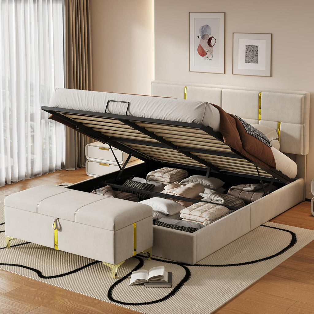 GDFStudio Gomar 2-Piece Bedroom Sets, Queen Size Storage Bed Frame with Hydraulic Lift & Ottoman Bench, Velvet Upholstered Platform Bed, Soft Fabric Headboard, No Spring Box Needed, Gold Decor, Beige