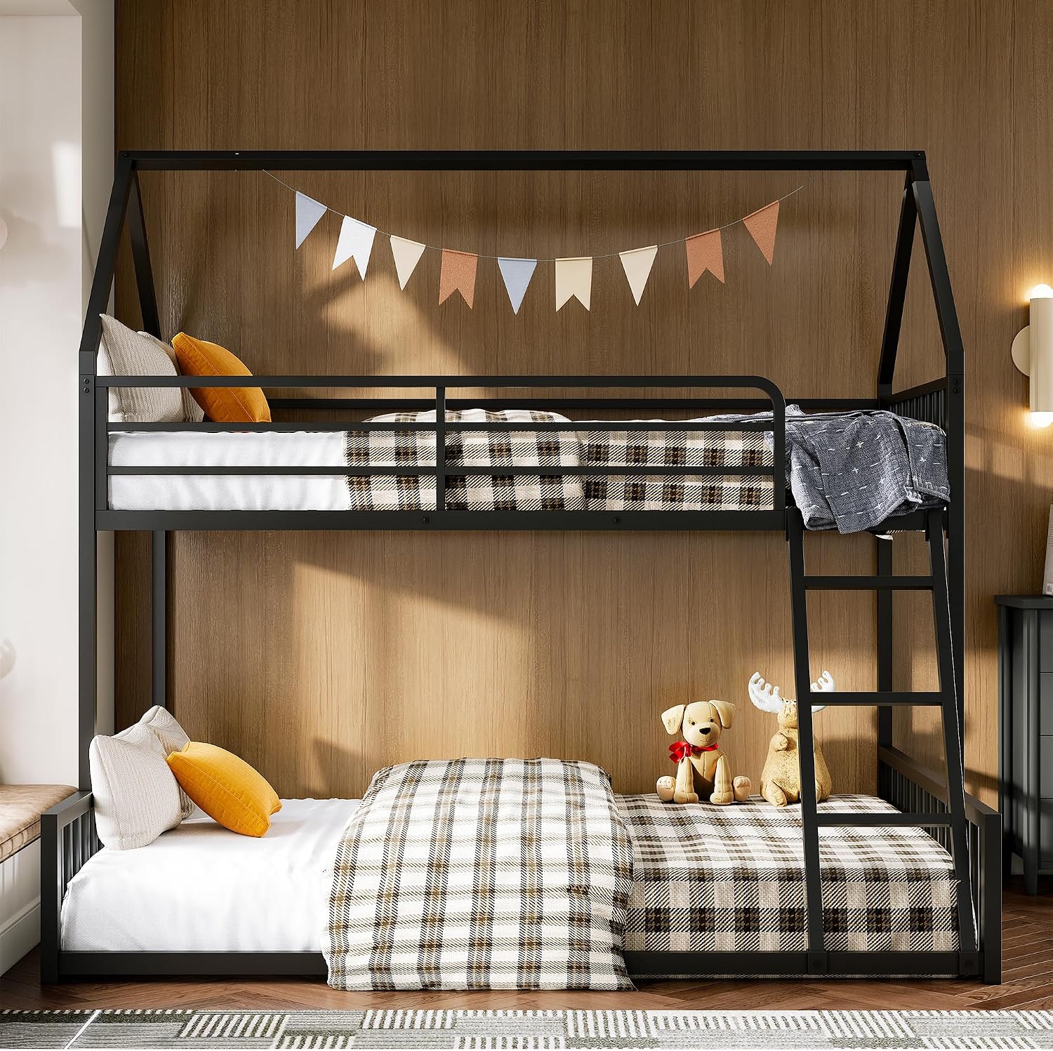 LIKIMIO Bunk Bed Twin Over Full Size, House Bunk Bed Frame with Ladder and Guardrail, House Shaped with Metal Slats Support No Box Spring Needed Space Saving for Bedroom and Dorm, Black