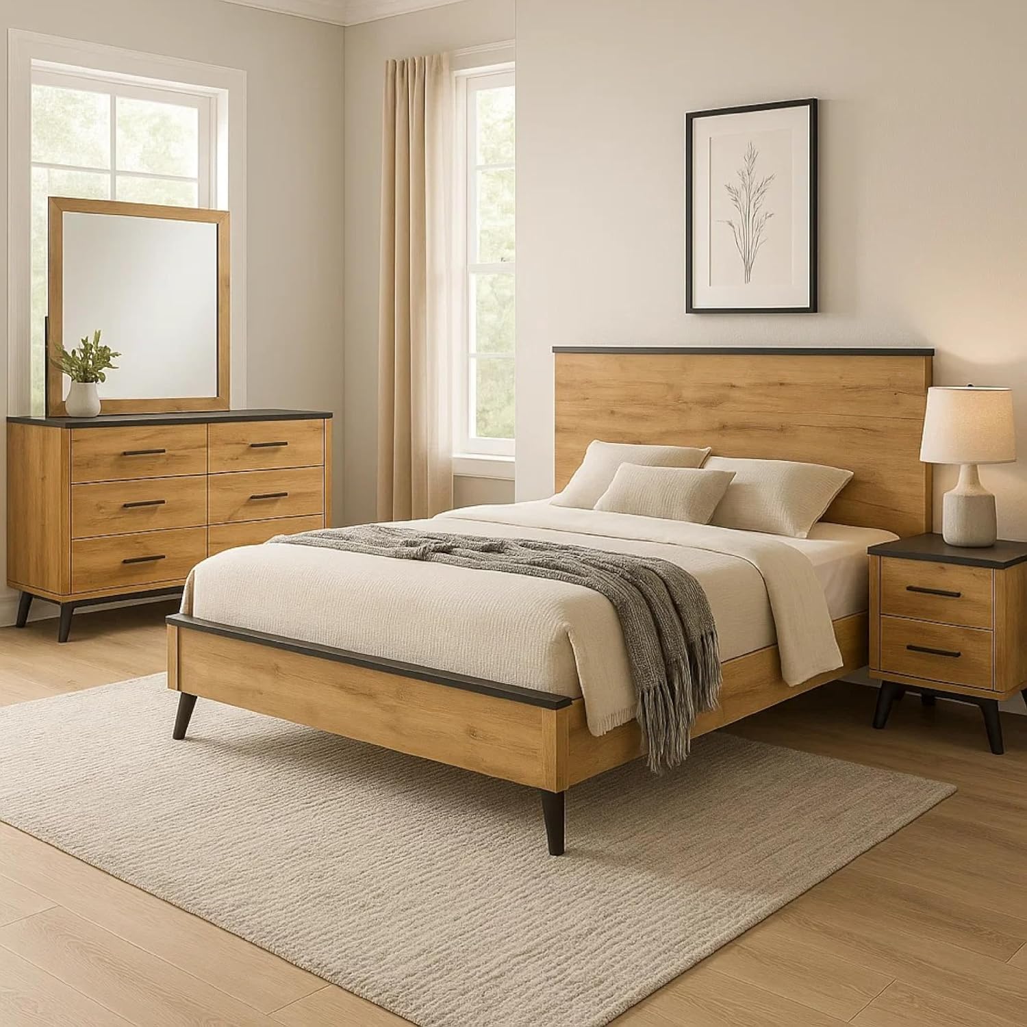 Benzara Wemy 4 Piece Queen Size Bed Set, Rustic Brown Pine Wood, Tapered Legs