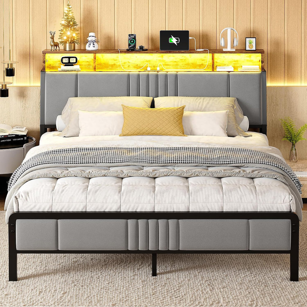 Susalt Twin Size Bed Frame with Storage Headboard and Charging Station, Ergonomic Platform Bed Frame with LED Lights, Strong Metal Slat Support, No Box Spring Needed, Noise Free, Grey