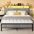 Susalt Twin Size Bed Frame with Storage Headboard and Charging Station, Ergonomic Platform Bed Frame with LED Lights, Strong Metal Slat Support, No Box Spring Needed, Noise Free, Grey