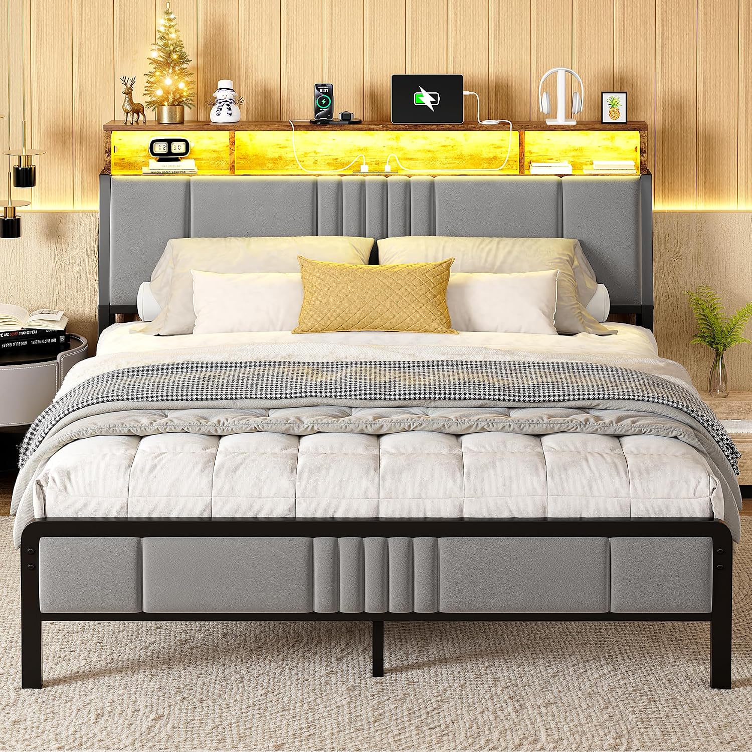 Susalt Twin Size Bed Frame with Storage Headboard and Charging Station, Ergonomic Platform Bed Frame with LED Lights, Strong Metal Slat Support, No Box Spring Needed, Noise Free, Grey