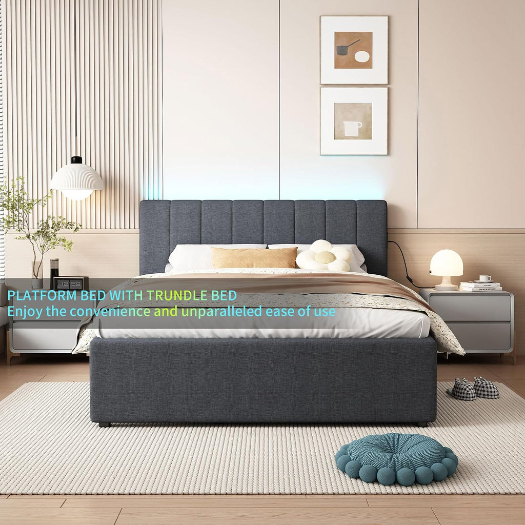 Ball & Cast Full Size Upholstered Platform Bed with Remote Control Intelligence Led Lights App and Trundle,Wood Bed Frame w/Charging Station Headboard & Eva Silent Strip,Bebframe for Apartment,Gray