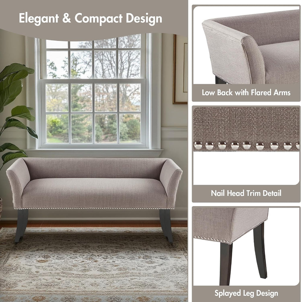 Madison Park Accent Bench, Upholstered with Nailhead Trim, & Padded Seat Entryway Bench Small, End of Bed Bench with Back, 49.5' W x 19.25' D x 23' H, Grey