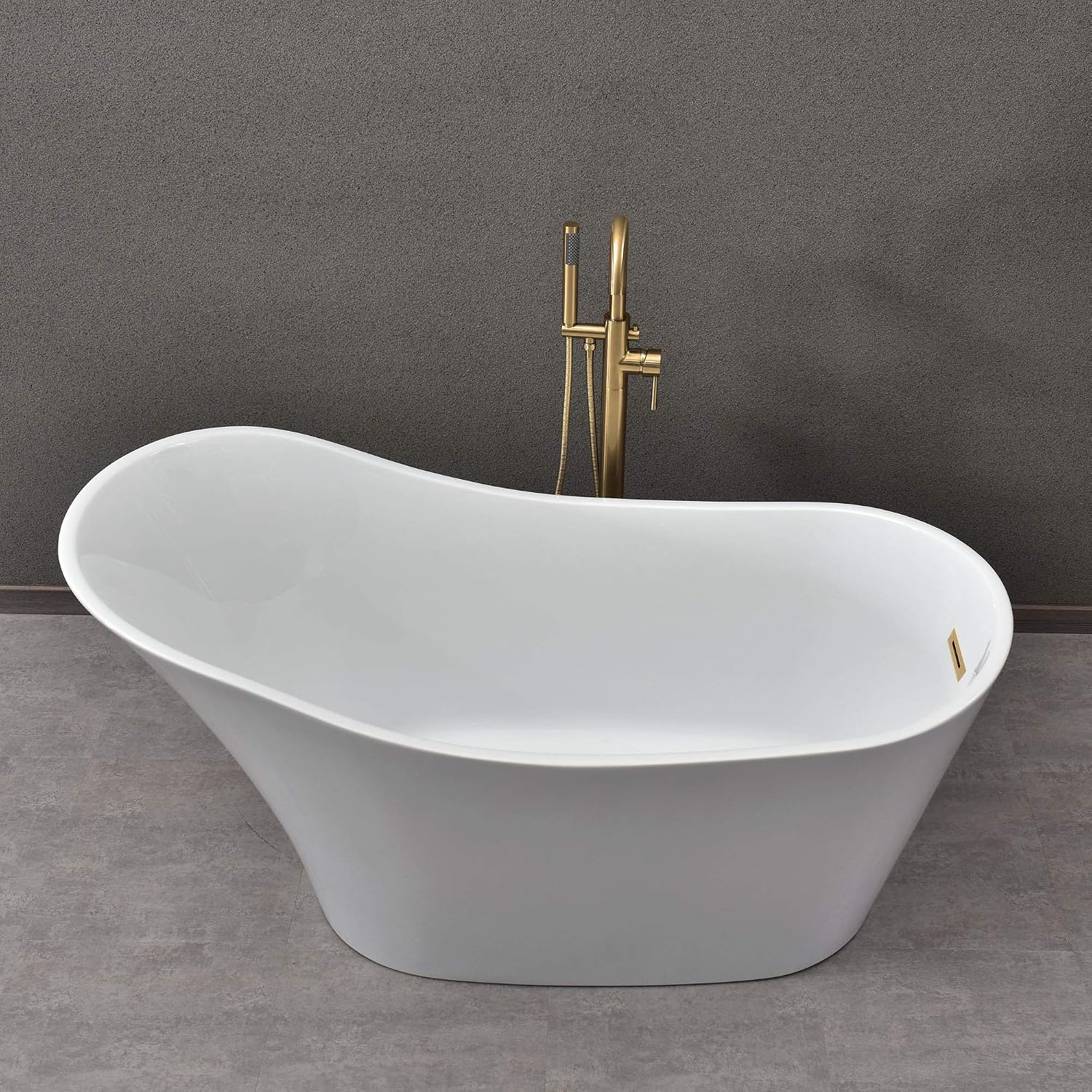 WOODBRIDGE 59' Acrylic Freestanding Bathtub Contemporary Soaking White Tub with Matte Black Overflow and Drain，B0029-MB-Drain&O