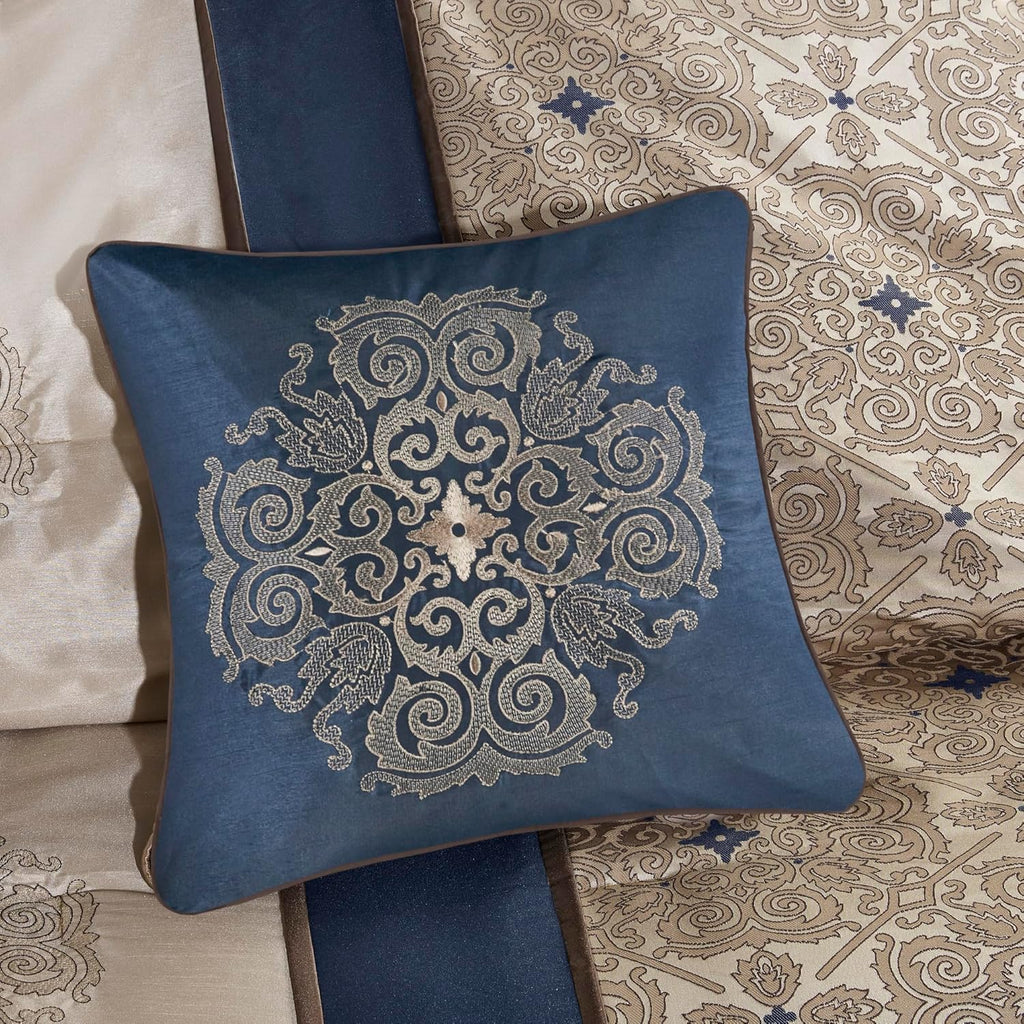 Madison Park Comforter Faux Silk-Traditional Luxurious Jacquard Design All Season Set, Matching Bed Skirt, Decorative Pillows, Queen(90'x90'), Navy 7 Piece