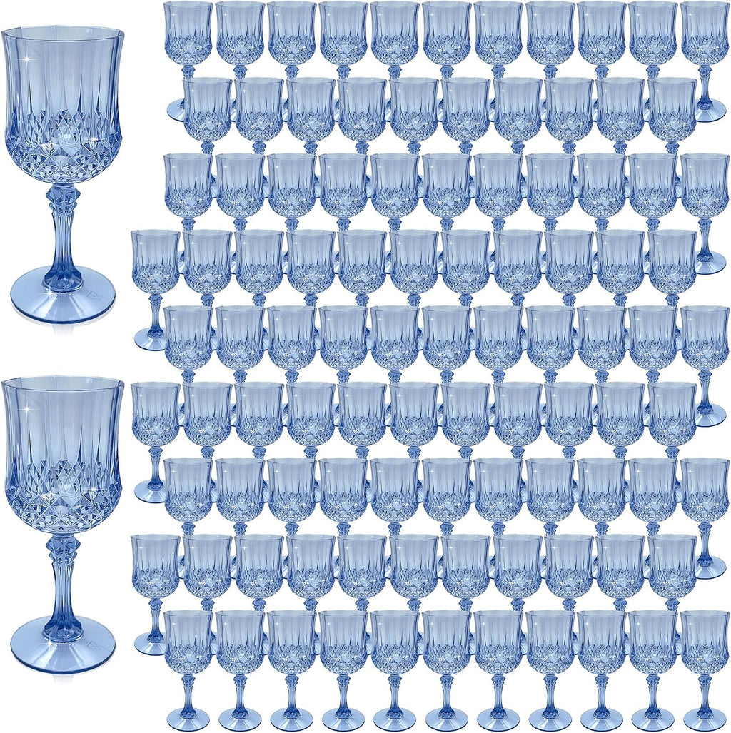 Plastic Wine Glasses, Plastic Goblets Vintage Style Cordial Unbreakable Drinking Glasses, Reusable Drinkware for Wedding Reception, Grand Event Party Supplies (100, Blue)