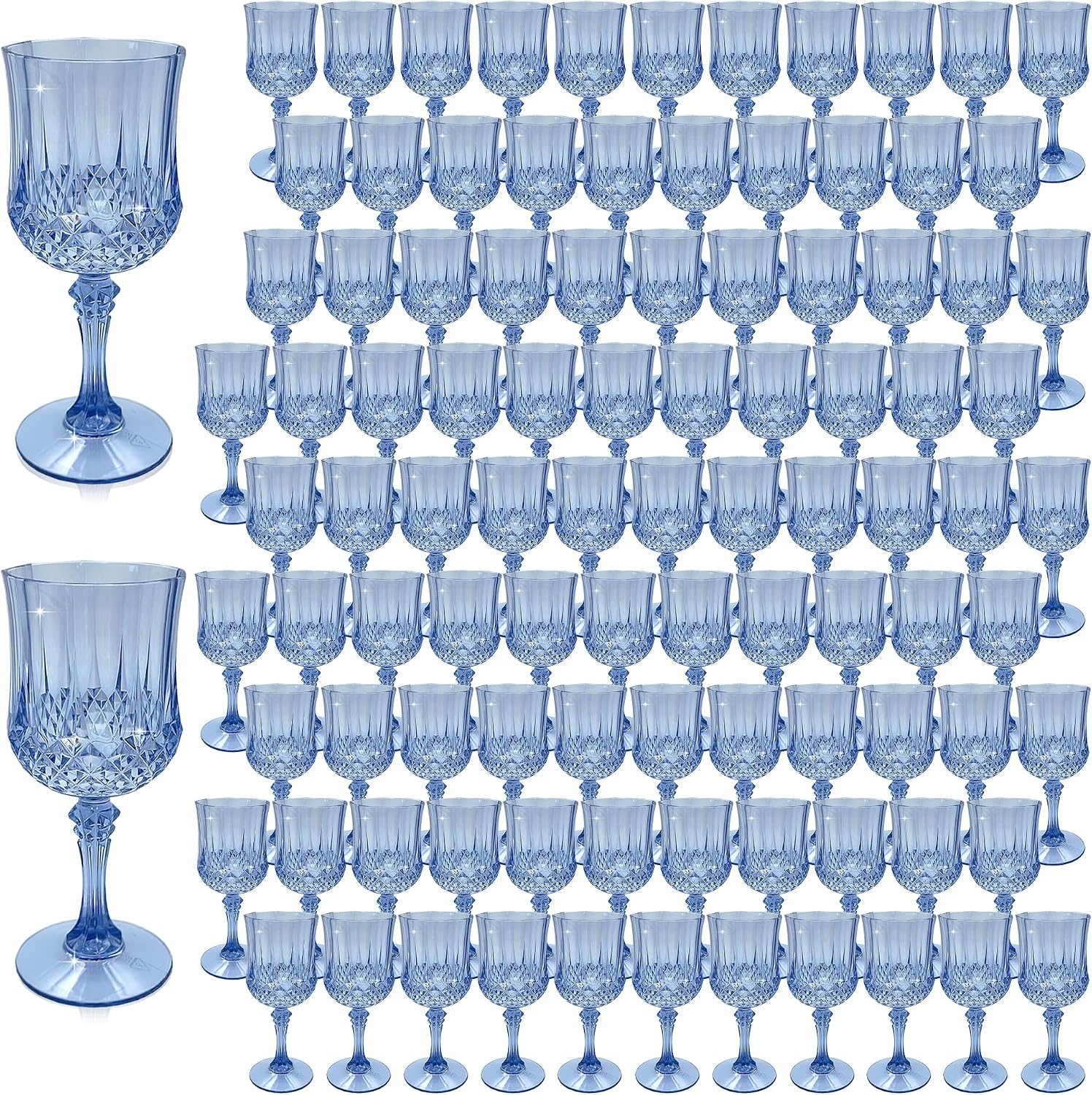 Plastic Wine Glasses, Plastic Goblets Vintage Style Cordial Unbreakable Drinking Glasses, Reusable Drinkware for Wedding Reception, Grand Event Party Supplies (100, Blue)