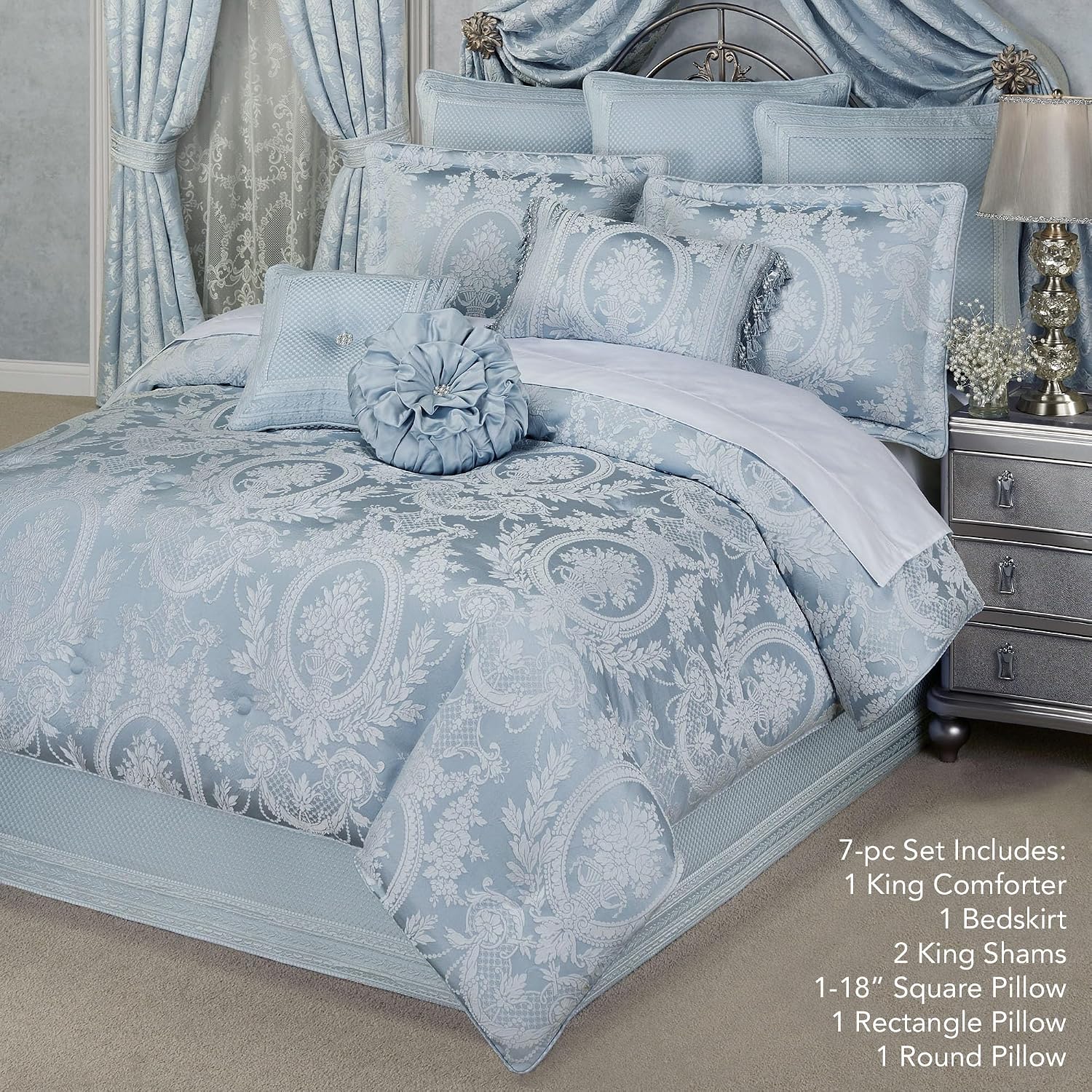 Contessa Luxury Bedding | Iced Platinum and Powder Blue | Puff Jacquard-Woven Traditional Floral Bouquets | 7 Pc Bed Set: Oversized King Comforter, Bedskirt, 2 King Shams, and 3 Decorative Pillows