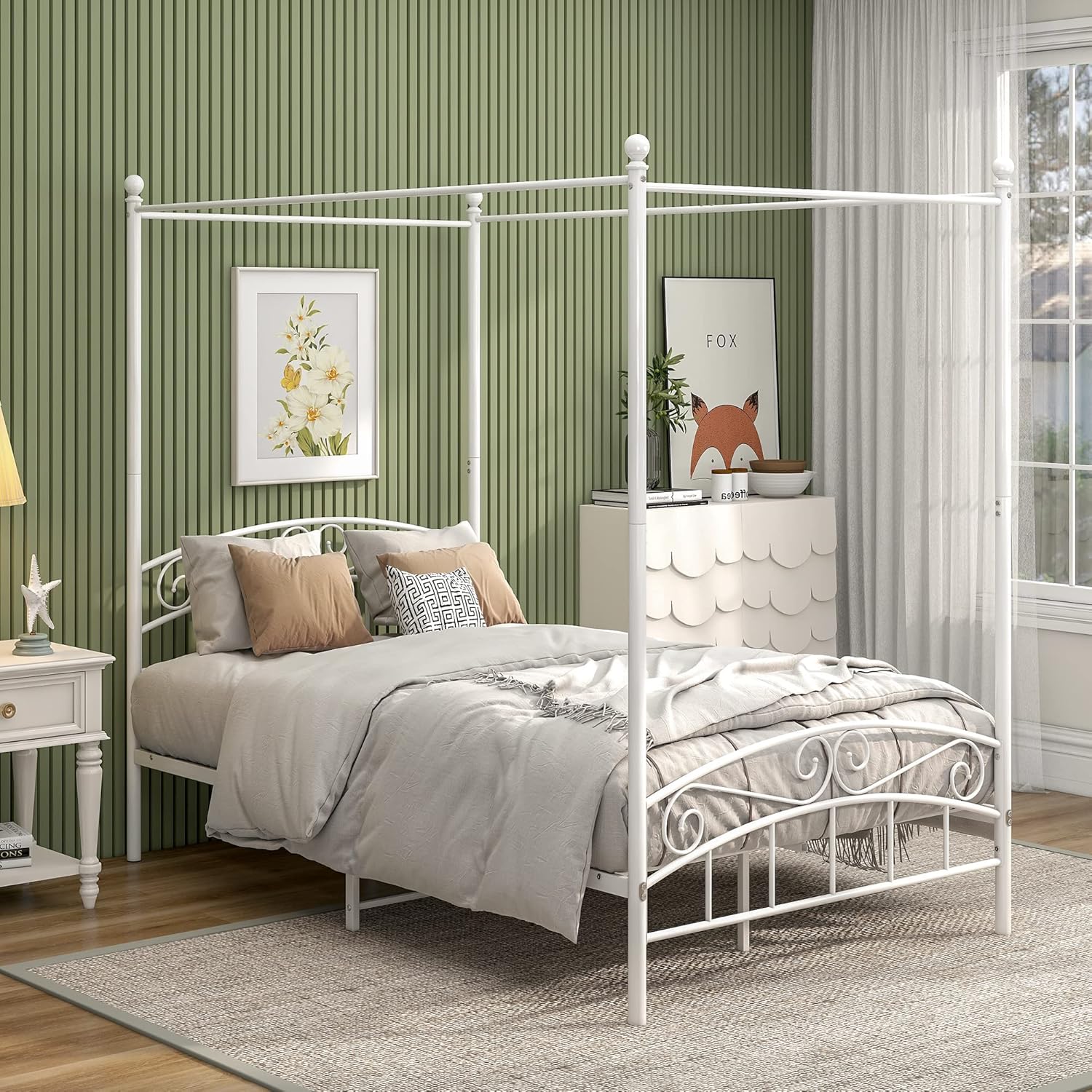 Metal Canopy Bed Frame Four-Poster Bed with Headboard & Footboard Mattress Foundation Sturdy Slatted Structure No Box Spring Needed Easy Assembly,Full White