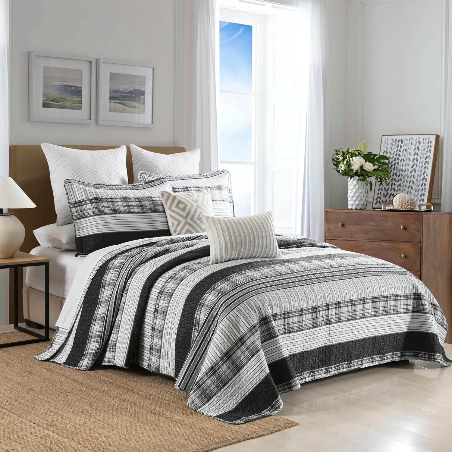 Homzard 100% Cotton Quilt Set,California King 118'' x 106'' Oversized Bedspread Set with 2 Pillow Shams, Black Plaid Striped Oversized Comforter Set, 3 Pieces Farmhouse Coverlet | Breathable