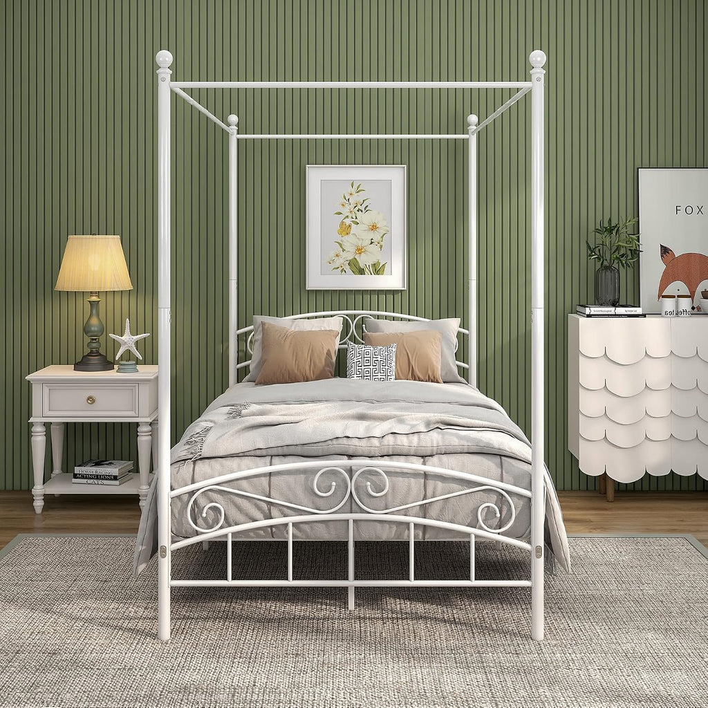 Metal Canopy Bed Frame Four-Poster Bed with Headboard & Footboard Mattress Foundation Sturdy Slatted Structure No Box Spring Needed Easy Assembly,Full White