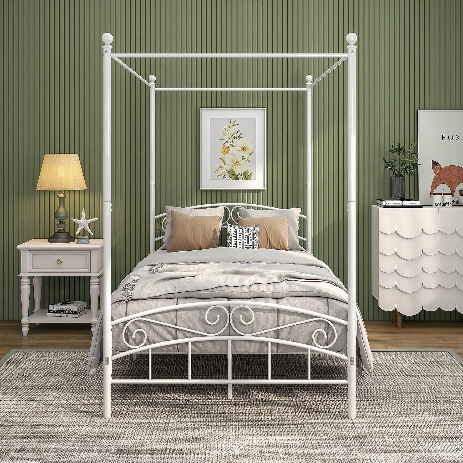 Metal Canopy Bed Frame Four-Poster Bed with Headboard & Footboard Mattress Foundation Sturdy Slatted Structure No Box Spring Needed Easy Assembly,Full White