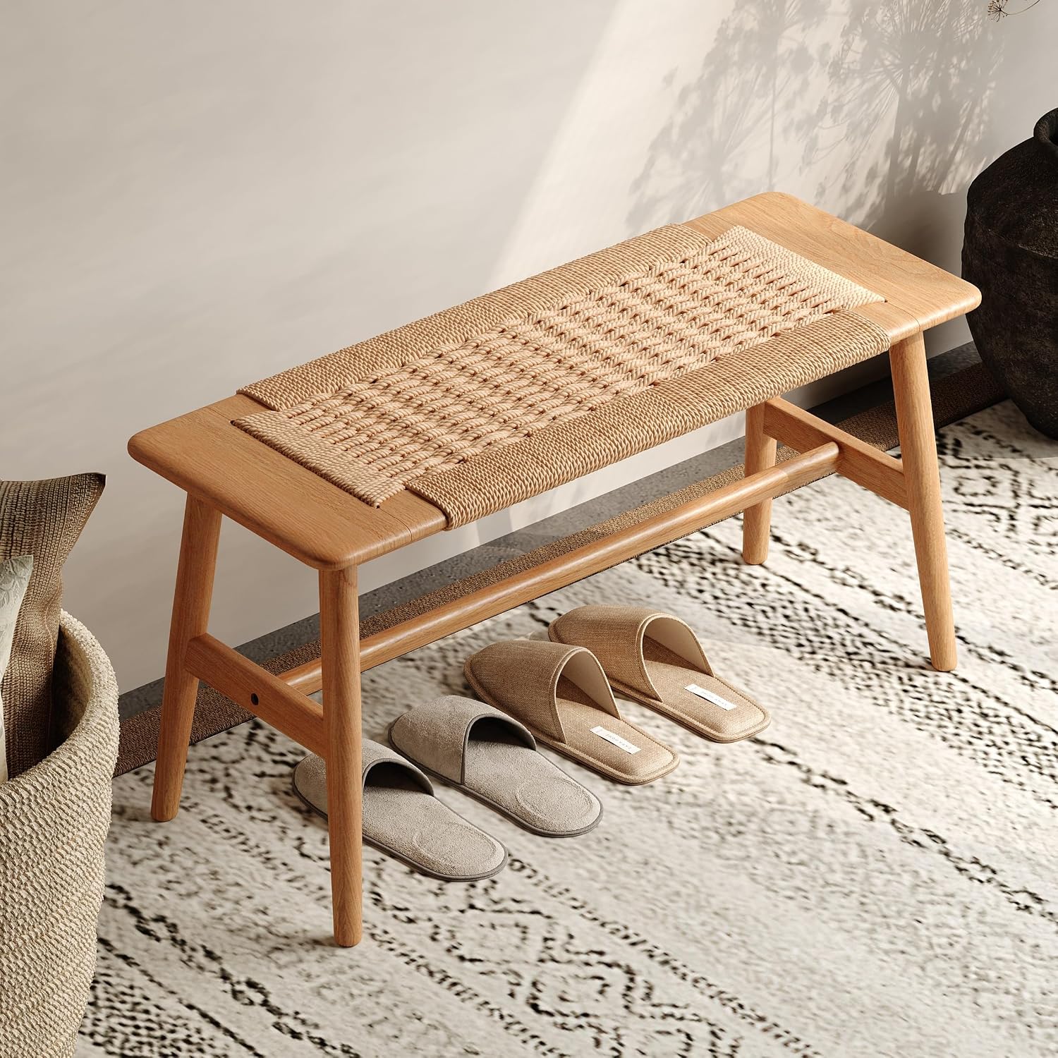 100% Solid Oak Wood Bench,Hand Woven Design,Solid Mortise and Tenon Construction-Solid Structure of Chair Legs,Woven Rattan Entryway Benchs/Dining Bench (Natural Oak,31.49'*11.81'*15.98')