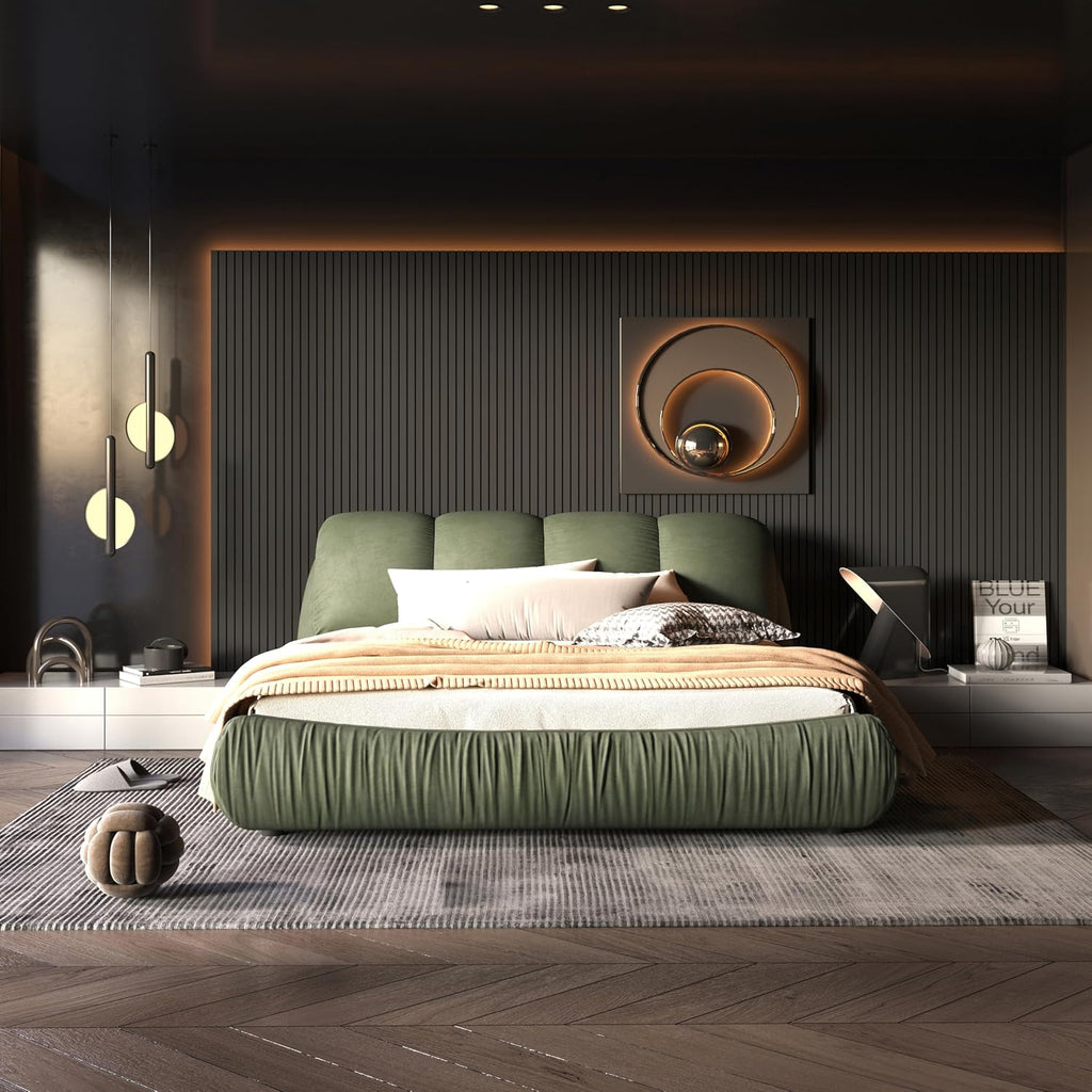 KEIKI Queen Size Upholstered Platform Bed with Oversized Padded Backrest,Thickening Pinewooden Slats and Metal Leg,Green