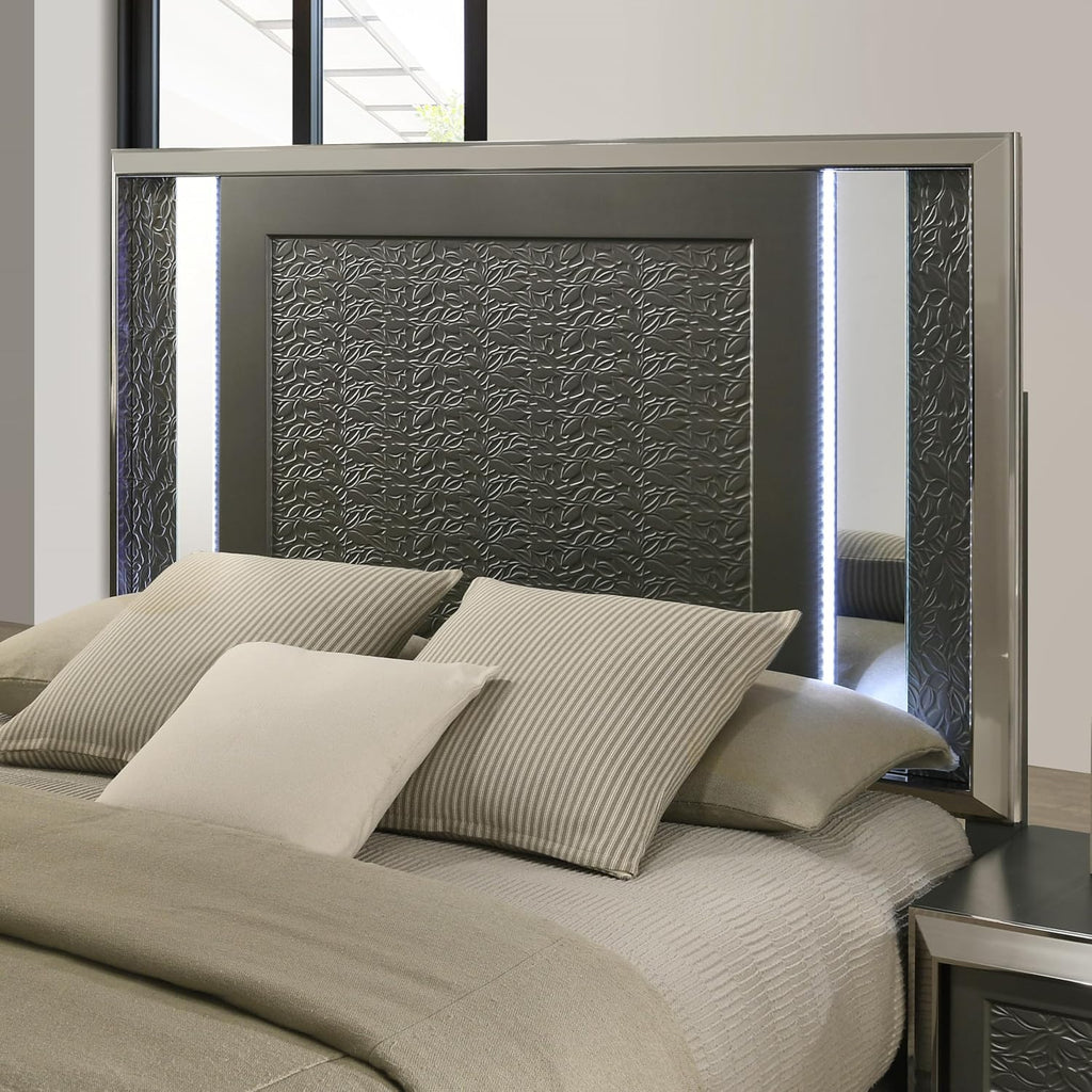 Furniture of America Uself Modern Solid Wood 5-Piece Bedroom Set with LED on Headboard and Mirror, Silver Bracketed Feet, Leaf Pattern Molding, No Box Spring Needed, King, Dark Gray