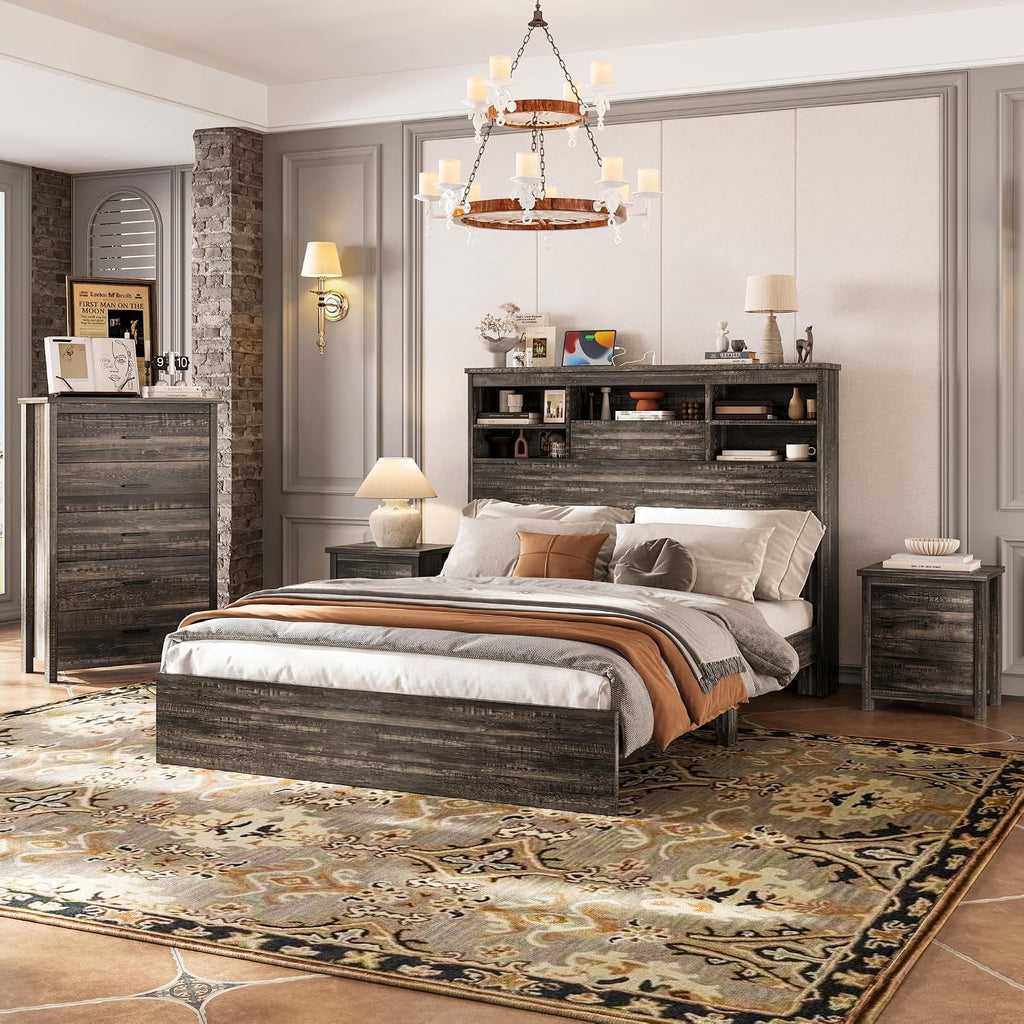 4 Pieces Bedroom Sets, Queen Size Vintage Wooden Platform Bed Frame with 2 Nightstands and 1 Chest, Antique Gray