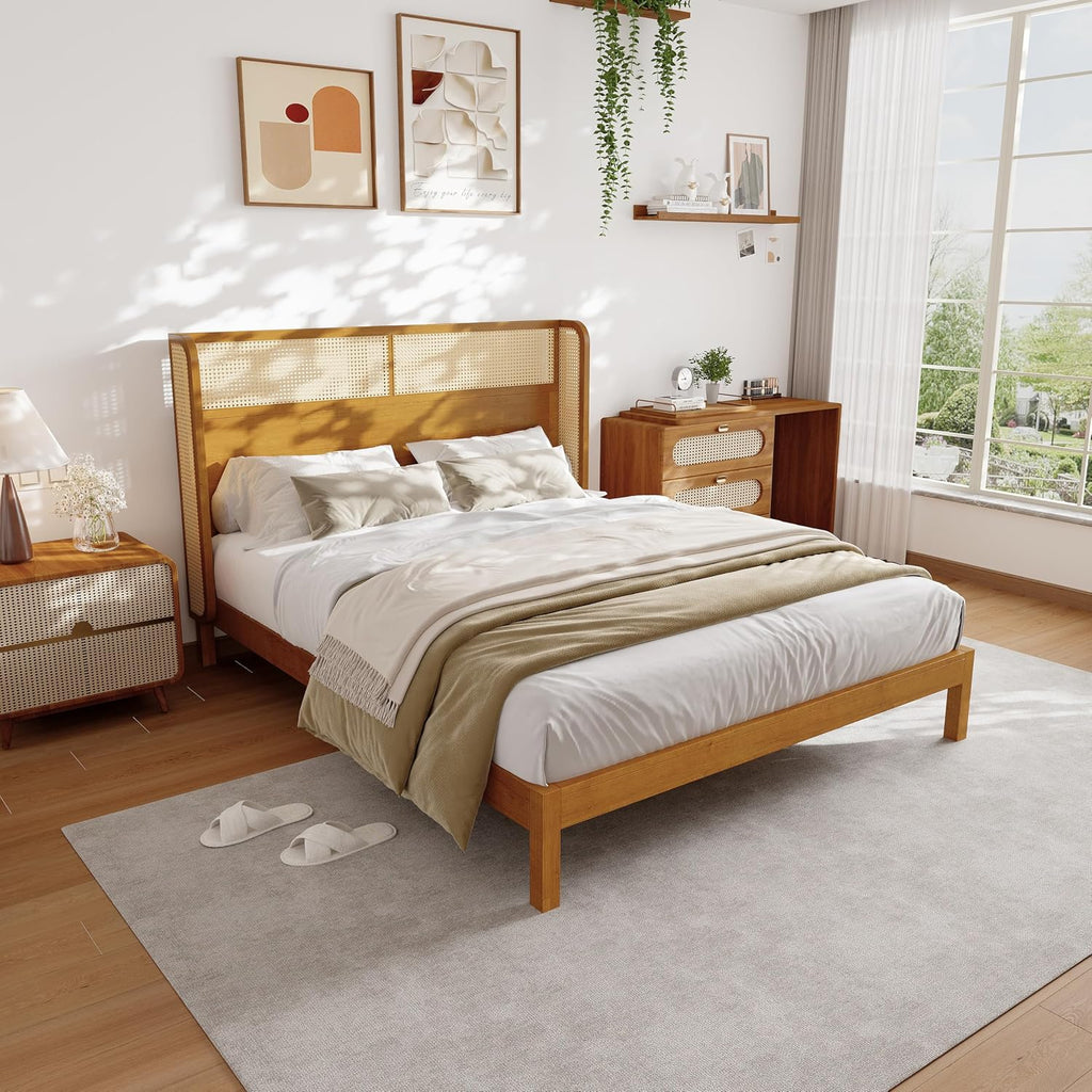 Merax Queen Size Premium Rubber Wood Platform Bed Frame, with Headboard, Mid Century Modern, Natural