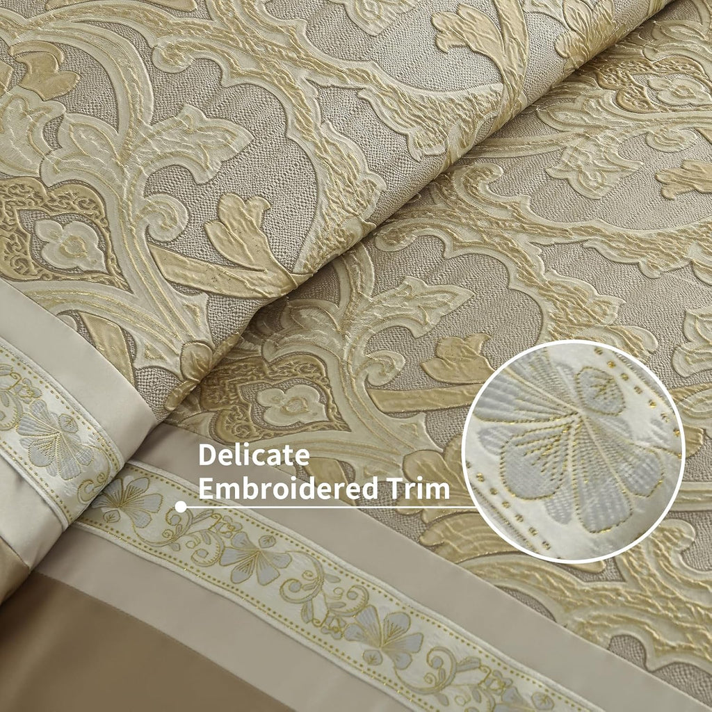 Bedduvit Luxury 7 Piece Bed in Bag, Vintage Damask Jacquard Thick California King Comforter Set, Luxurious Genuine Patchwork Cal King Bedding Set with Bed Skirt, Decor Pillows, Shams, Gold/Beige/Cream