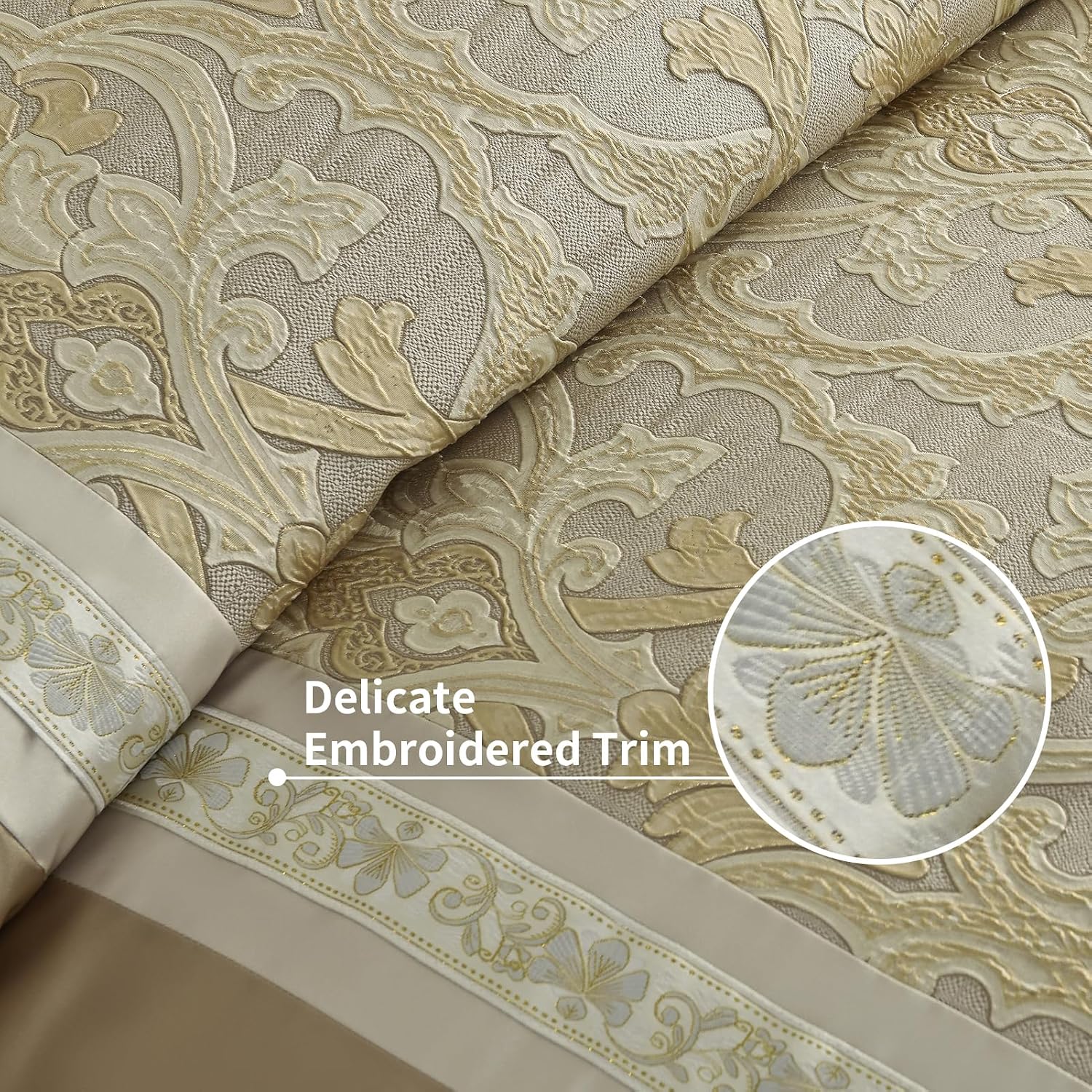 Bedduvit Luxury 7 Piece Bed in Bag, Vintage Damask Jacquard Thick California King Comforter Set, Luxurious Genuine Patchwork Cal King Bedding Set with Bed Skirt, Decor Pillows, Shams, Gold/Beige/Cream