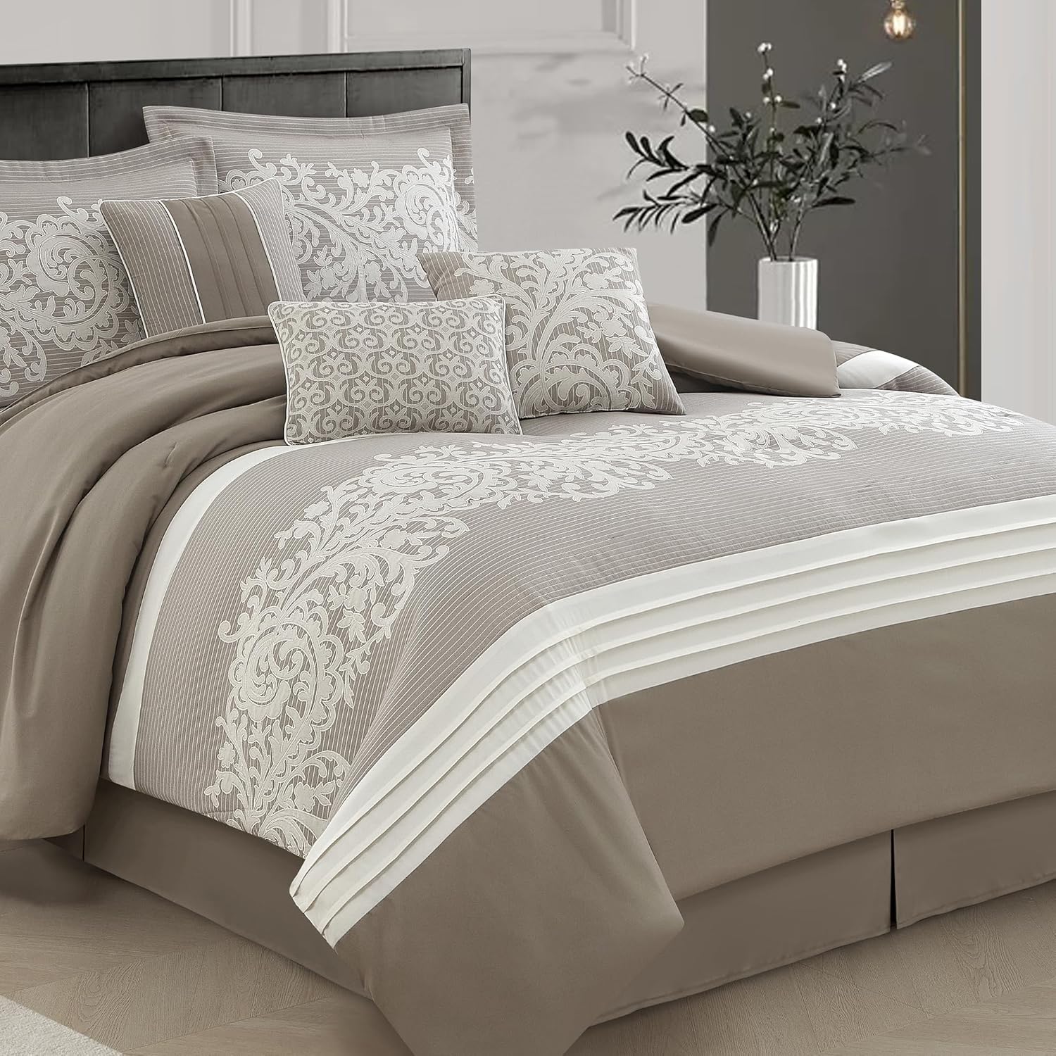 LANCO MODERN LIFESTYLE Taupe Comforter Set, Queen, Damask Jacquard with Matching Solid Piece Work, 7 Piece Soft Bedding Set for All Season, Bed Skirt, Pillow Shams and Decorative Pillows
