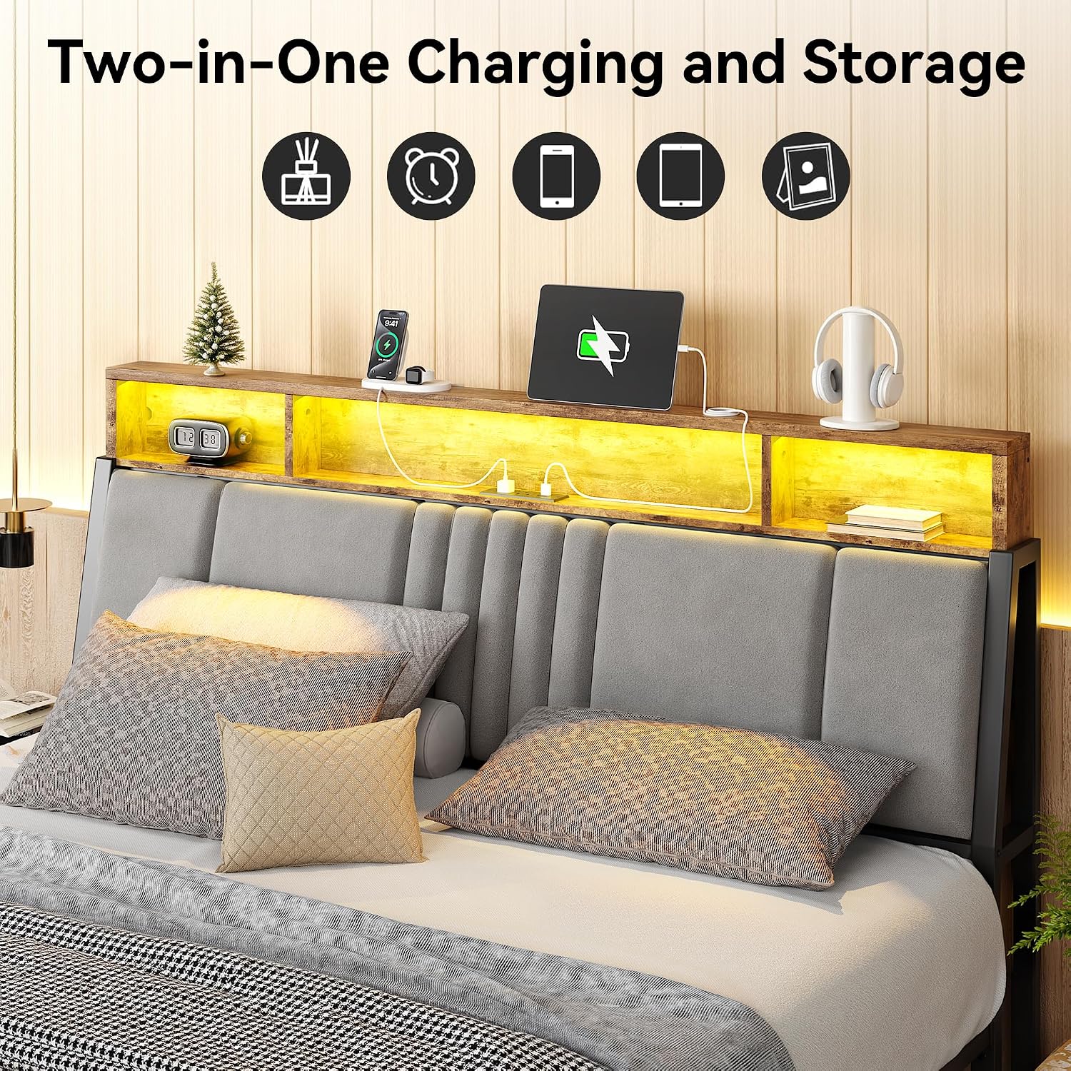 Susalt Twin Size Bed Frame with Storage Headboard and Charging Station, Ergonomic Platform Bed Frame with LED Lights, Strong Metal Slat Support, No Box Spring Needed, Noise Free, Grey