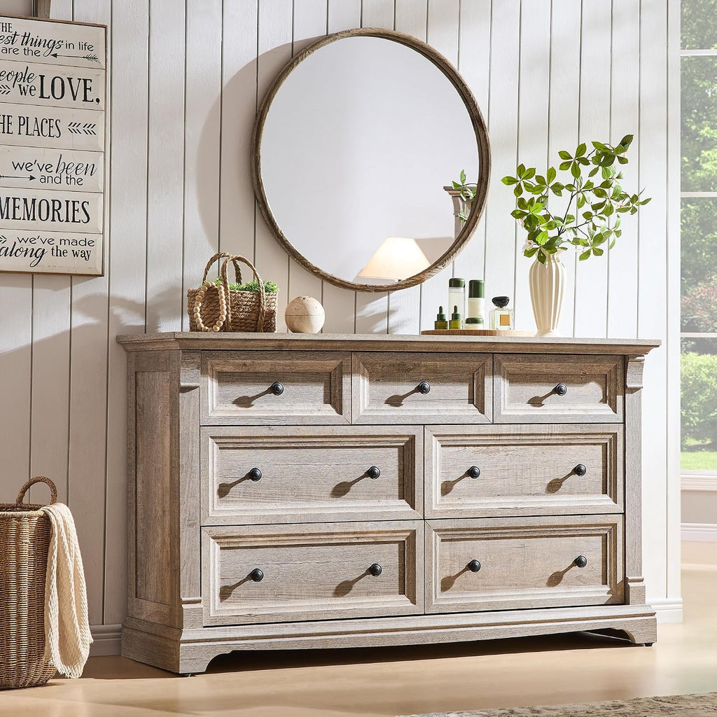 T4TREAM Farmhouse 7 Drawers Dresser for Bedroom, 54' Wide Wood Rustic Chest of Drawers w/Roman Column, Wooden Storage Dressers Organizer for Bedroom, Living Room, Light Rustic Oak