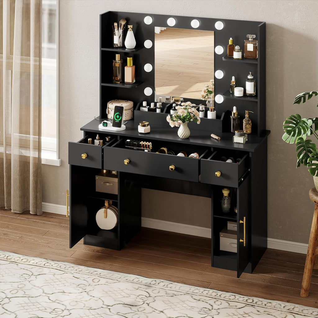 HUANLEGO Vanity Desk with Mirror and Lights, Makeup Vanity with Mirror and LED Lights & Power Outlet, 3 Drawers and Cabinets, 3 Lighting Modes Dressing Table Set for Girls Women Bedroom,Black