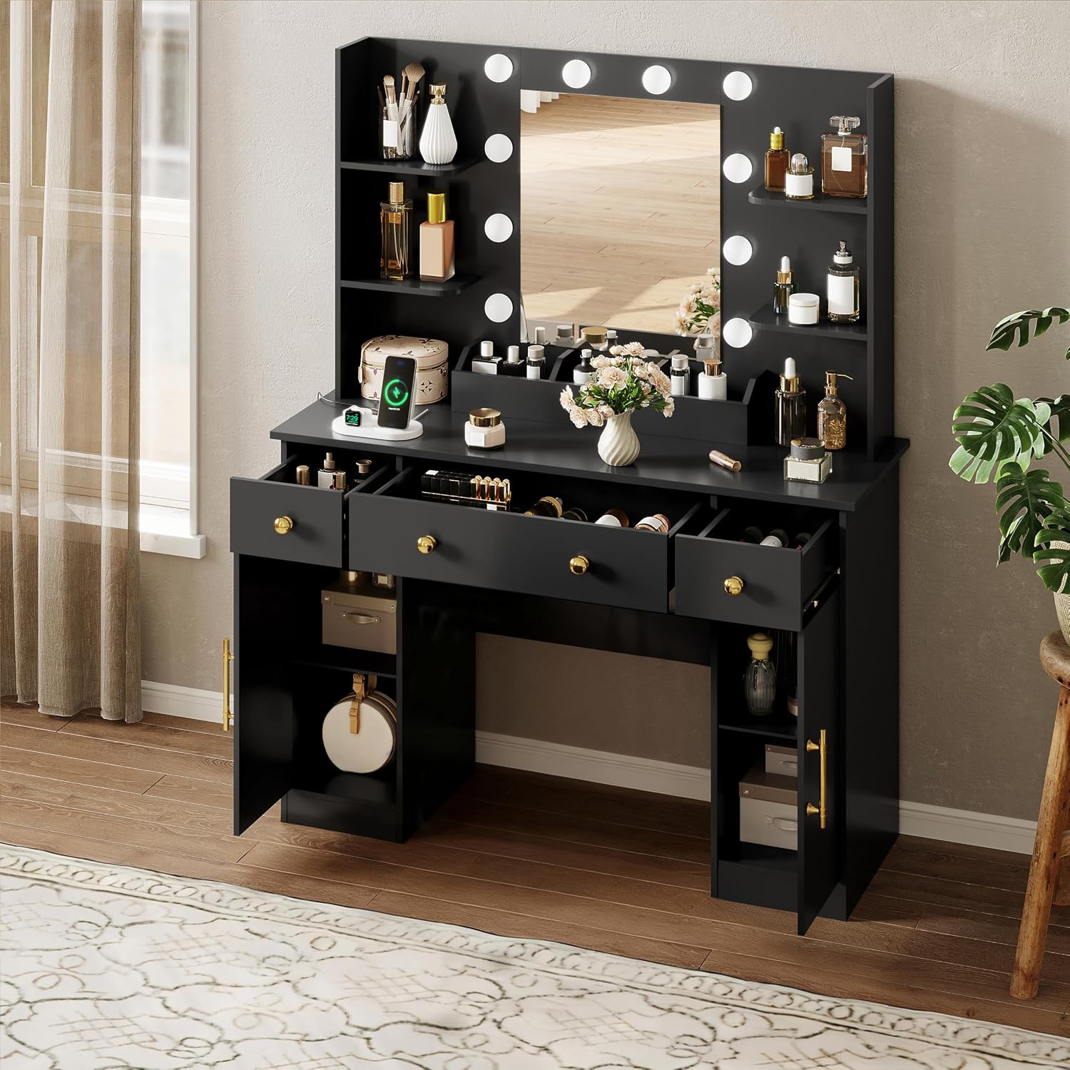HUANLEGO Vanity Desk with Mirror and Lights, Makeup Vanity with Mirror and LED Lights & Power Outlet, 3 Drawers and Cabinets, 3 Lighting Modes Dressing Table Set for Girls Women Bedroom,Black