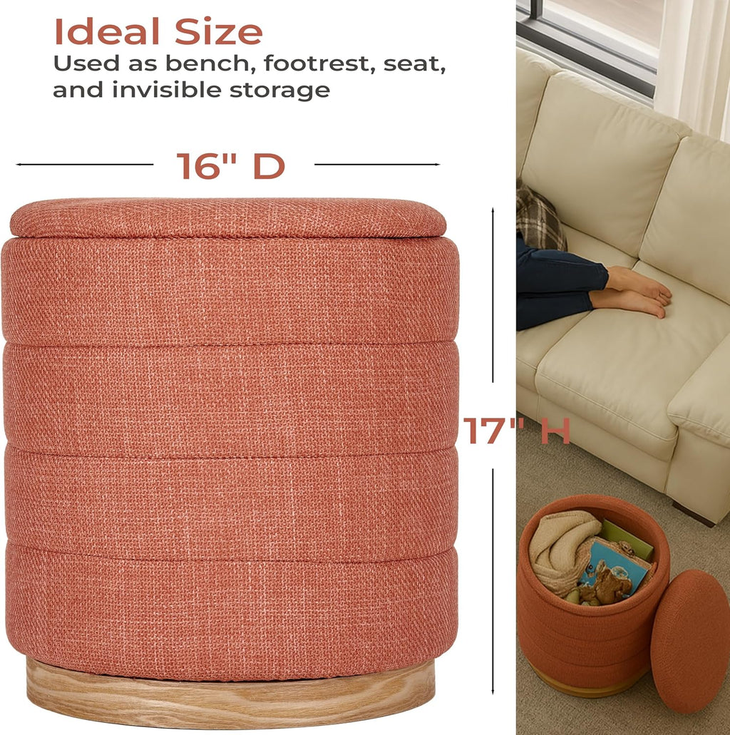 Round Ottoman with Storage – Elegant Durable Linen Upholstered Footrest Bench for Living Room, Cylinder Vanity Stool – Coral Orange