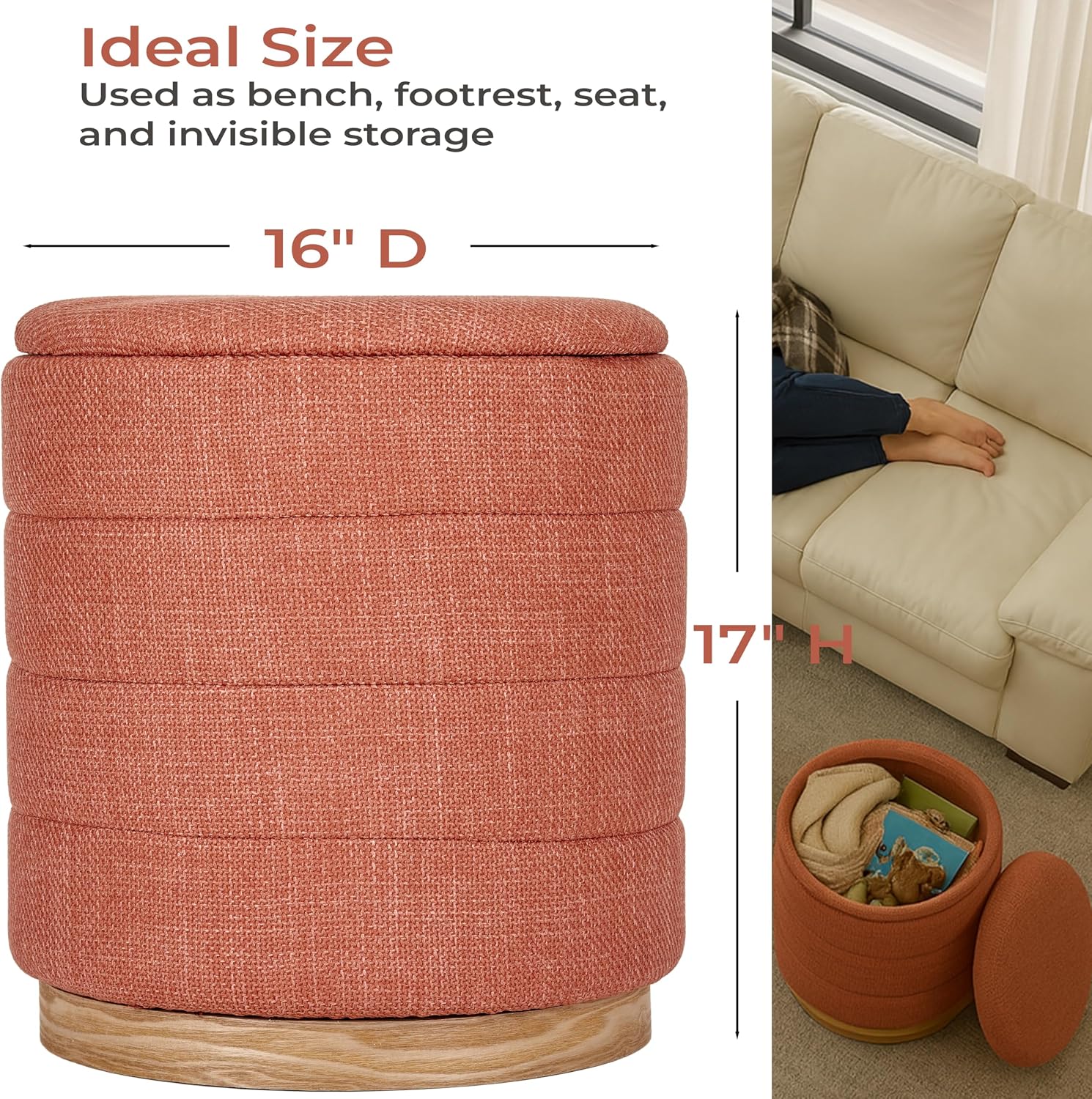 Round Ottoman with Storage – Elegant Durable Linen Upholstered Footrest Bench for Living Room, Cylinder Vanity Stool – Coral Orange