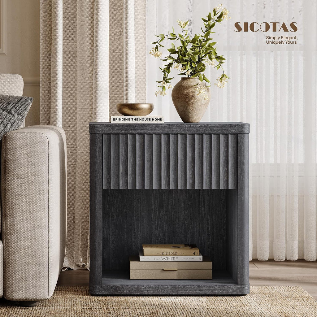 SICOTAS Night Stand Nightstand with Drawer Storage Fluted Bed Side Table End Table Large Modern Wide Bedside Mid Century Night Stands for Bedroom Living Room Sofa Couch Home Office, Dark Grey Alder