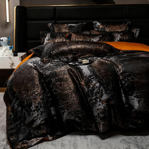 100% Long Staple Cotton Luxury 6-Piece Set, Elegant Black and Gold Satin Bedding Set, 3D Embroidered Jacquard, Quilt Cover，Sheet+2 Pillowcases and 2 Cushion Covers (Golden Years,Queen)