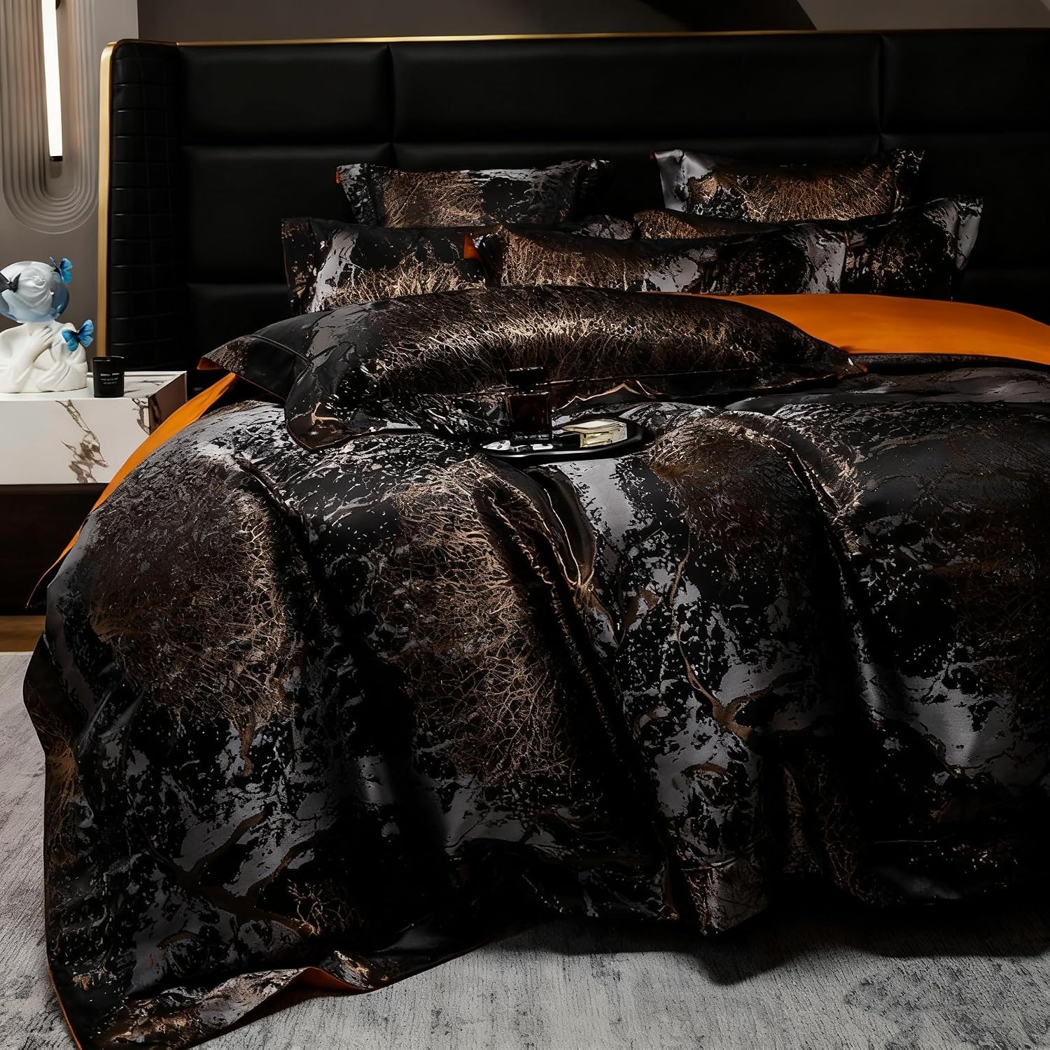 100% Long Staple Cotton Luxury 6-Piece Set, Elegant Black and Gold Satin Bedding Set, 3D Embroidered Jacquard, Quilt Cover，Sheet+2 Pillowcases and 2 Cushion Covers (Golden Years,Full)